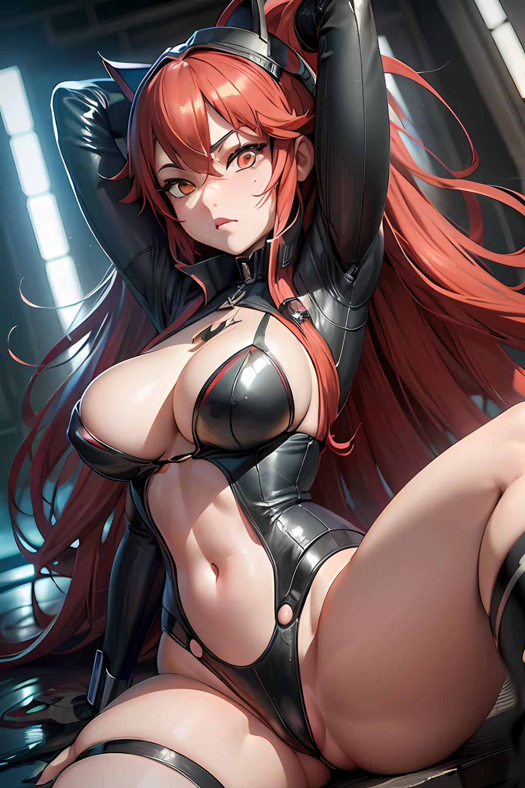 Araffe is posing in a black cat suit and socks, anime sedutora, Artgerm extremamente detalhado, biomechanical oppai, arte de anime digital detalhada, terno asuka sob a roupa!, estilo Artgerm, oppai cyberpunk, mulher bonita sedutora do anime, Modelo IG | Artgerm, Advanced digital anime art, Artgerm 4K