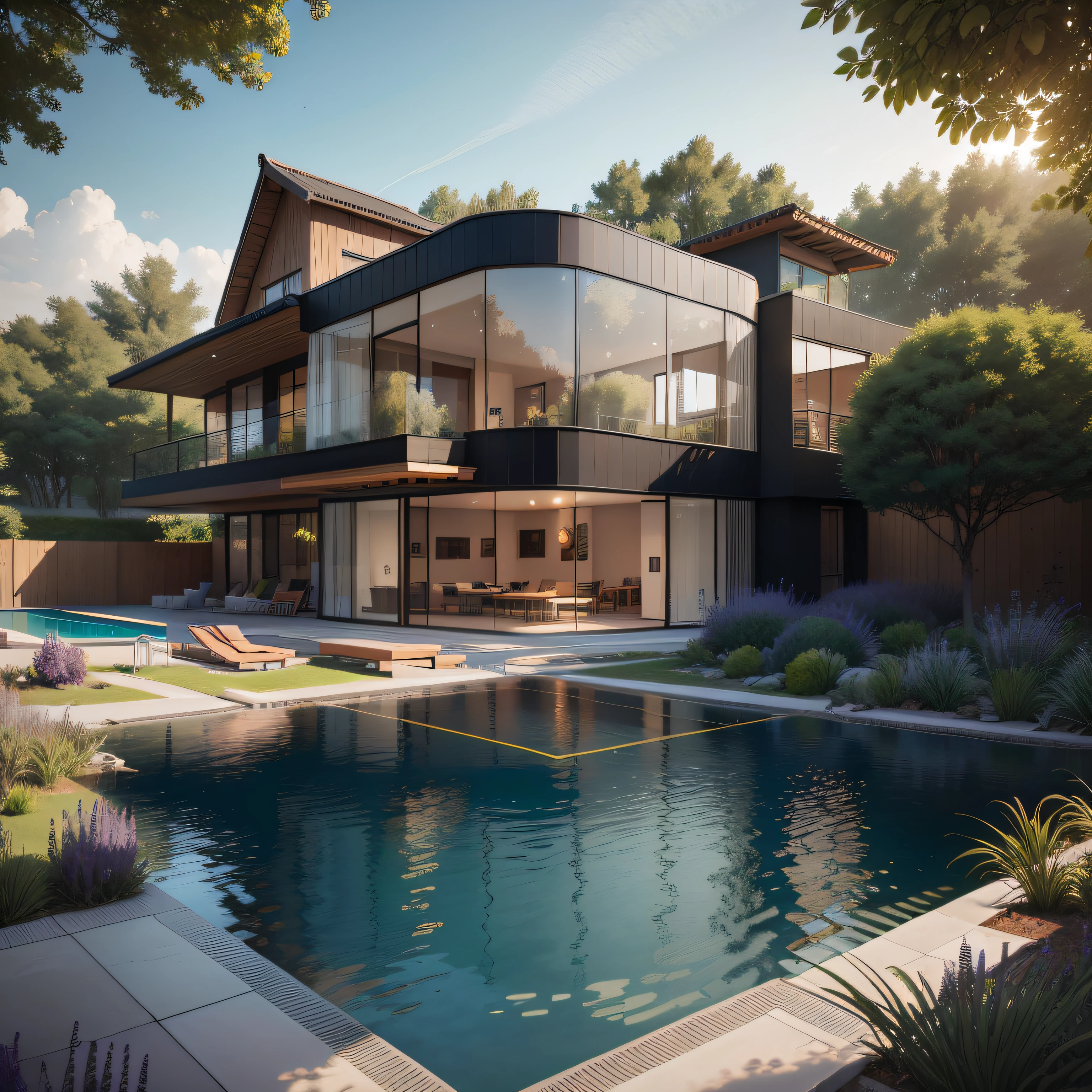 Organic modern architecture on a fairly large plot, from , there is a swimming pool in the middle of a large house of a flower, color of the house in chocolate brown and black beams, large modern residence, flat roofs and garden, render luxcore, render oktane, a photorealistic rendering, architectural rendering, mantra rendering, architectural rendering, realistic rendering, architectural visualization, wellness pool,  Architectural visualization, large green zones, with small zones of lavender flowers, green shrubs type lush green garden, as well as small water mirrors, swimming pool embedded in an area of sand, olive and pine trees around the house, paddle court next to the house