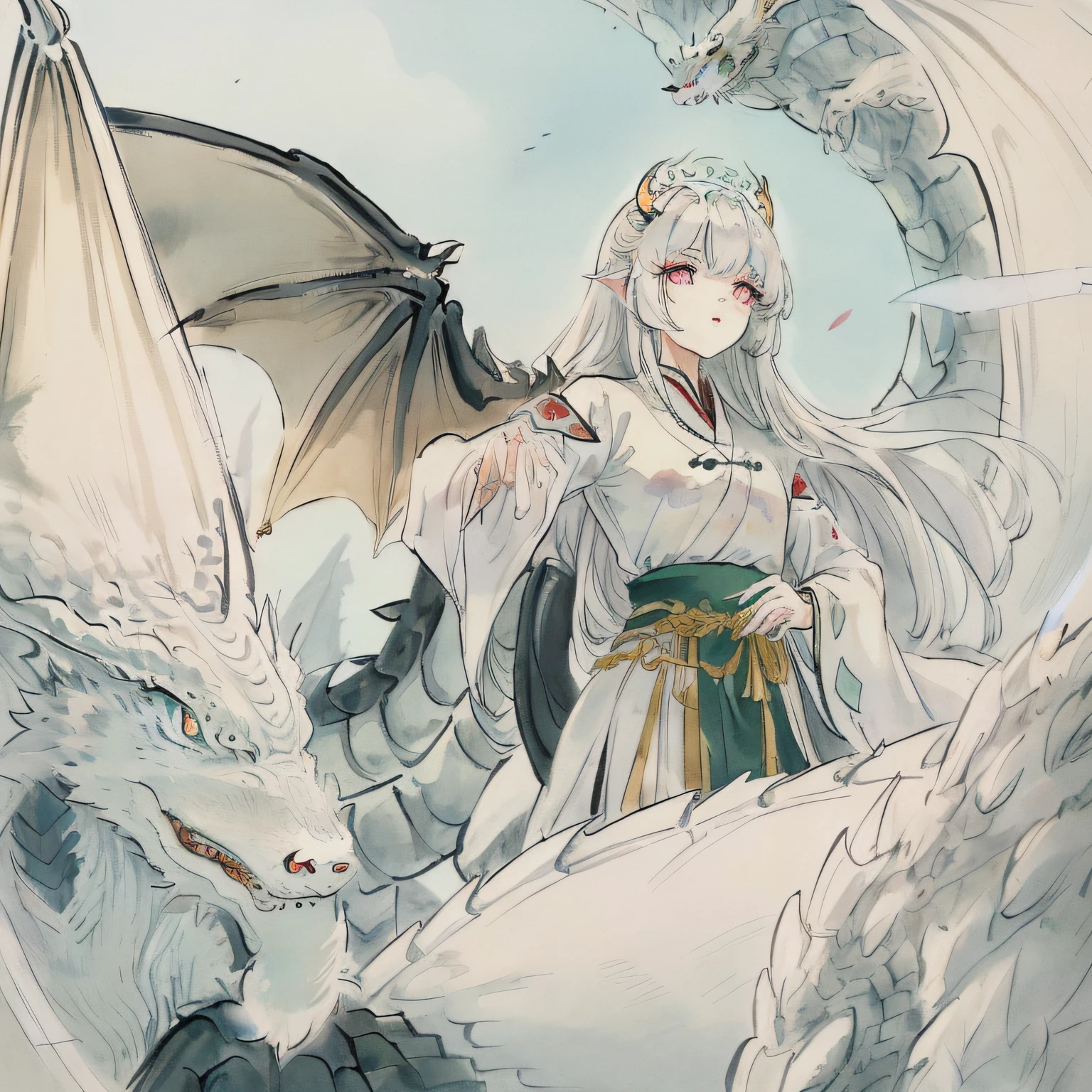 (masterpiece), (best quality), (super delicate), (illustration), (extremely delicate and beautiful), (dynamic angle), white and black highlights, (legendary Dragon Queen:1.3)（1 girl）, Hanfu, (complex details) (beautiful and delicate eyes), golden eyes, green pupils, delicate face, upper body, messy floating hair, messy hair, focus, perfect hands, (fantasy wind)

core：(legendary Dragon Queen:1.3)
styled： (illustration) (fantasy wind)