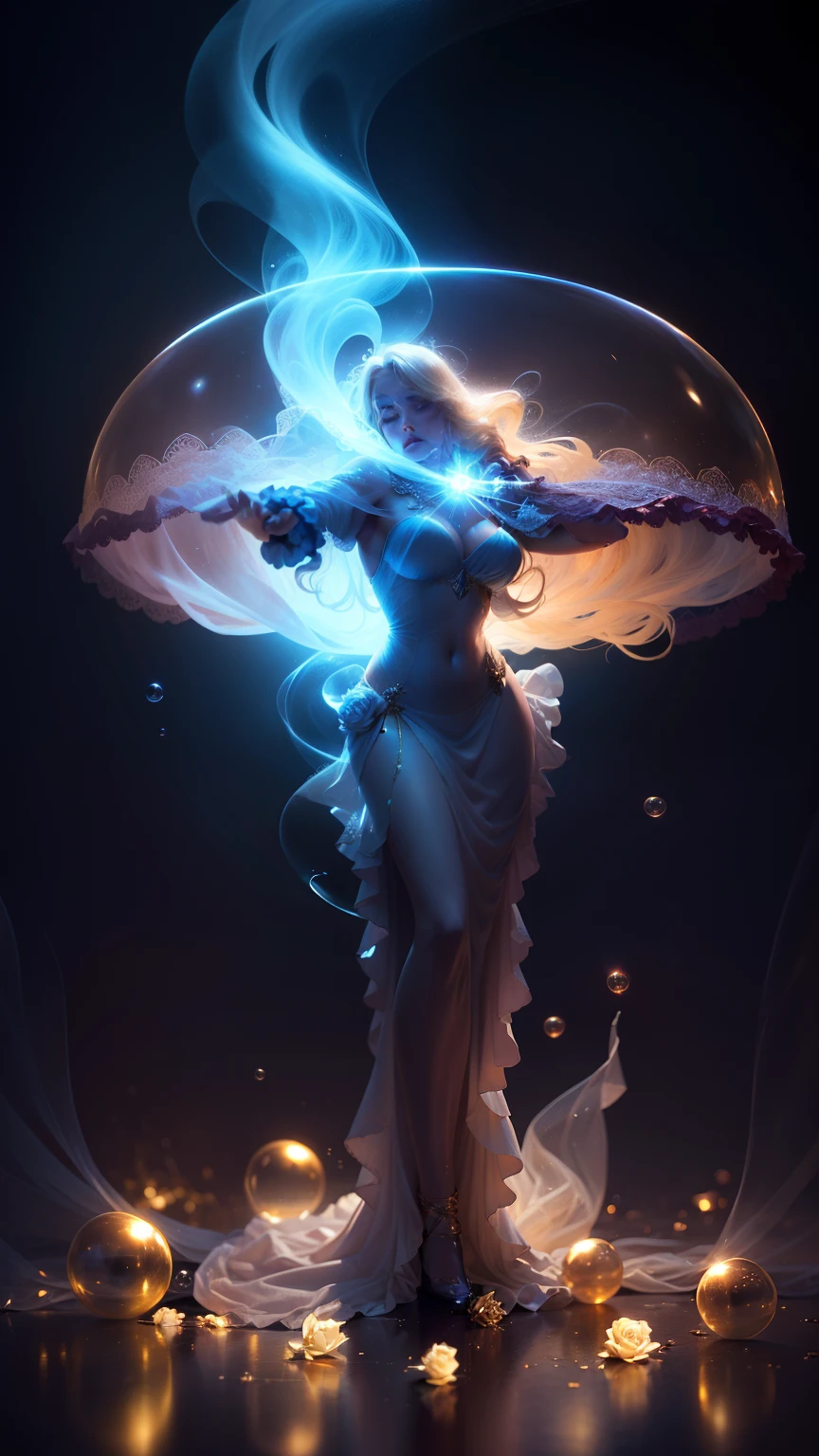 in a glass bubble beautiful blond 30-years-old angel, full body shot, long shot, beautiful perfectly defined hands, four fingers, holding a golden transparent glass bubble containing the rose of Sharon, in a glorious maroon wine and golden white gossamer gown, dark stary background, with white mock orange, 64k resolution hyperdetailed