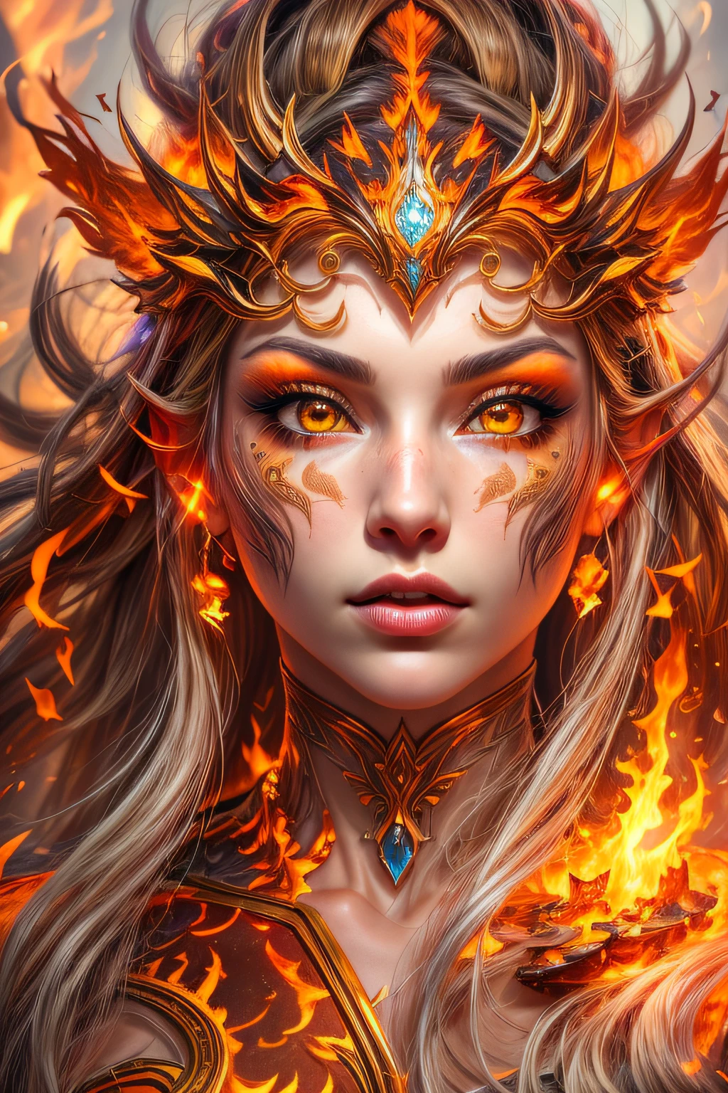 This (realistic fantasy) art contains embers, real flames, real heat, and realistic fire. Generate a masterpiece artwork of a petite female fire druid with large (((orange and gold))) eyes. The fire druid is awe-inspiring with beautiful ((realistic fiery eyes)) alight with confidence and power. Her features are elegant and well defined, with ((soft)) and (((puffy))) and (((smooth))) lips, elven bone structure, and realistic shading. Her eyes are important and should be the focal point of this artwork, with ((extremely realistic details, macro details, and shimmer.)) She is wearing a billowing and glittering gown ((made of realistic flames)) and jewels that glimmer in the fire light. Wisps of fire and smoke line the intricate bodice of the dress. Include bumps, stones, fiery iridescence, glowing embers, silk and satin and leather, an interesting background, and heavy fantasy elements. Camera: Utilize dynamic composition techniques to enhance the realistic flames.