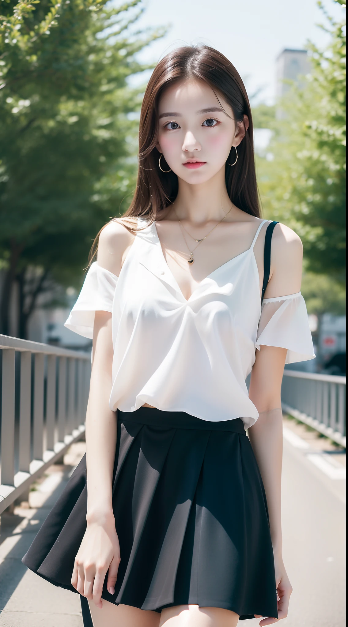 (top-quality、hight resolution、​masterpiece:1.3)、((g-cup、no-bra))、cleavage of the breast、full body Esbian、high-heels、Slender Abs、Dark brown hair styled in loose waves、breastsout、White button-up shirt、Long slit skirt in black、long slit、((Beautiful legs and thighs))、(Crowd in park in background)、Details exquisitely rendered in the face and skin texture、A detailed eye、二重まぶた