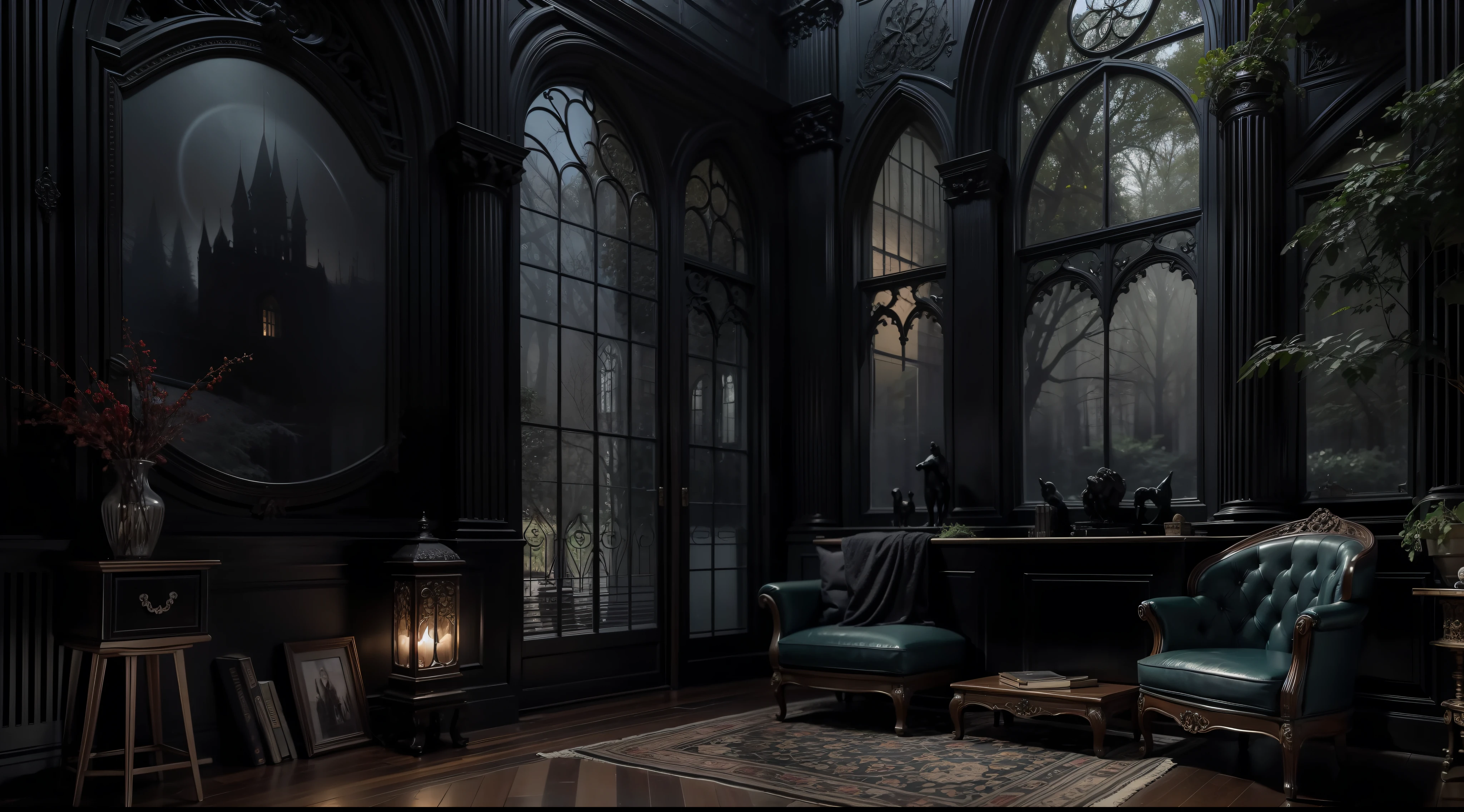 a dark night、Western-style living room deep in a dark and mysterious forest、relax、 interior architecture, Gothic art, Verism, One-person viewpoint, From the outside, canon, Super Detail, High quality, hight resolution, 8K, Best Quality