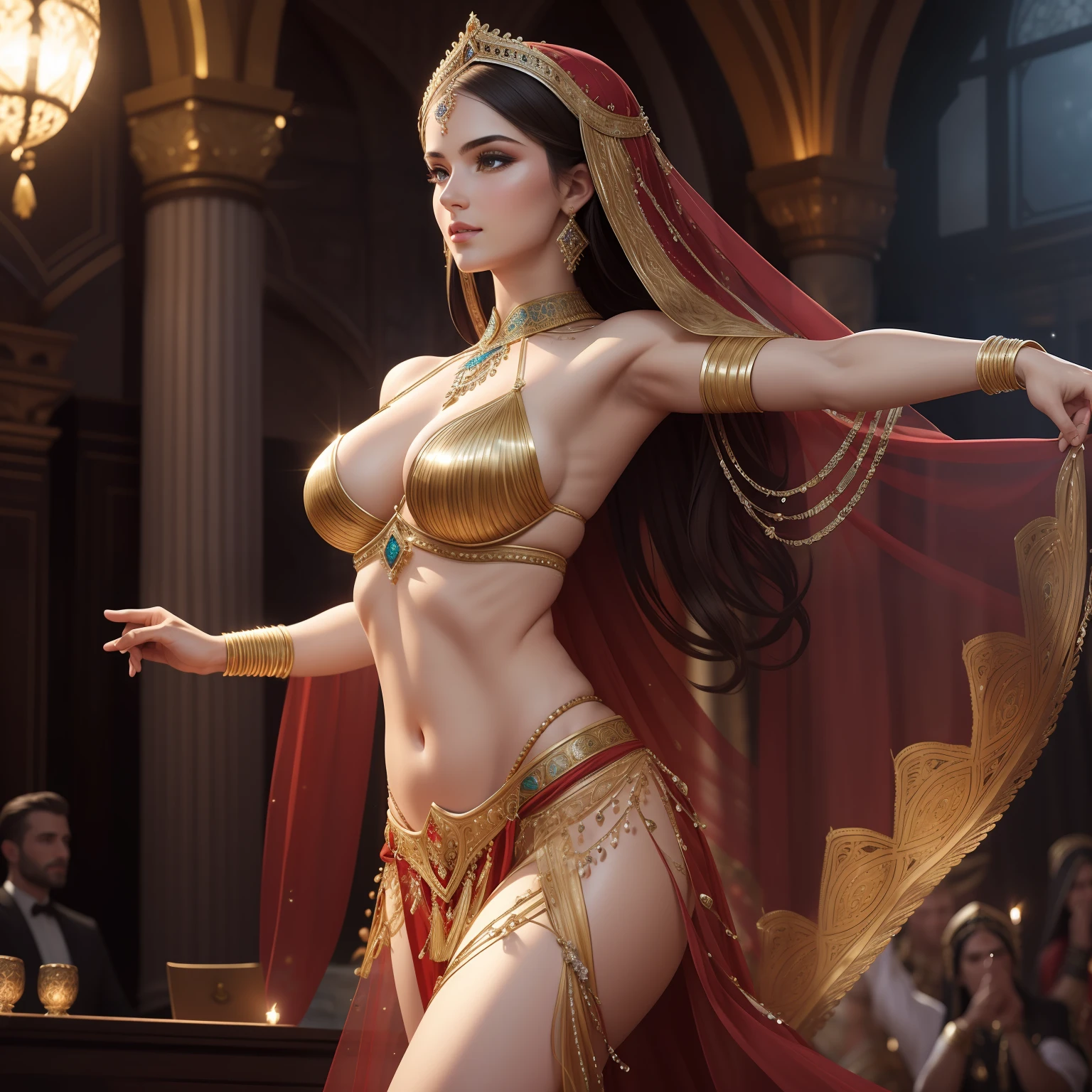 Ultra-detailed, 8k resolution, hyper-realistic rendering, entire body visible, breathtakingly beautiful caucasian belly dancer in traditional clothing filled with intricate details of rhinestones, captivatingly dancing inside a majestic castle. Lot of movement, moonlight shining in, not looking directly at camera, handsome man in the audience