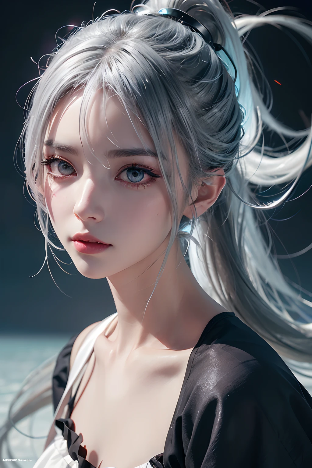 longeyelashes, Solid Circle Eyes, Ponytail, Silver hair, colored contact lenses, surrealism, drop shadow, anaglyph, stereograms, POV, Atmospheric perspective, 8K, Super Detail, ccurate, Best Quality