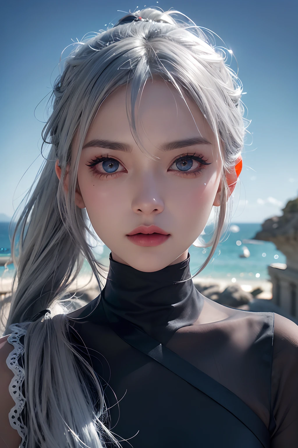 longeyelashes, Solid Circle Eyes, Ponytail, Silver hair, colored contact lenses, surrealism, drop shadow, anaglyph, stereograms, POV, Atmospheric perspective, 8K, Super Detail, ccurate, Best Quality