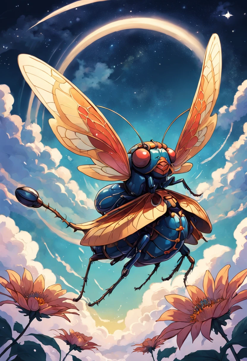 a cartoon flying bug on a flower, in the style of art nouveau-inspired illustrations, detailed skies, chinapunk, illustrative storytelling, solarizing master, quito school, visually poetic