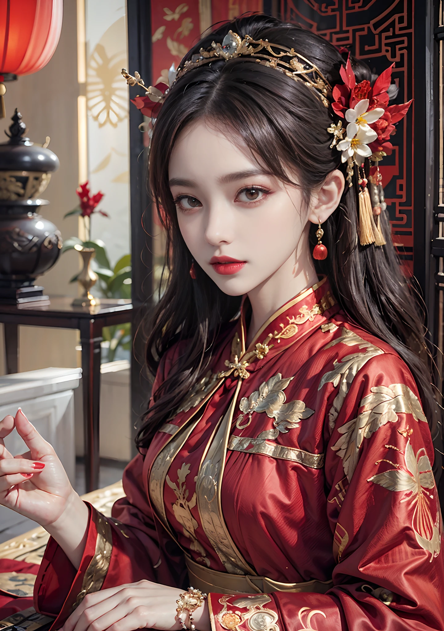 (Ultra-realistic 8k CG: 1.2), perfect artwork, delicate patterns, intricate details, (unparalleled masterpiece, best quality: 1.2), (extremely complex: 1.2), a woman in a red and gold dress, phoenix crown, hair stick, (sitting on a red bed), makeup, blush, shyness, black_hair, looking down, cosmetics, (forehead point), (2 red candles), Chinese_clothes, curtains, earrings, hair_ornament,hanfu, interior, jewelry, red nails, long_sleeves, red dress, red lips, tassels, (red quilt), (red palace: 1.2), (ancient Chinese architecture), (red: 1.8), night