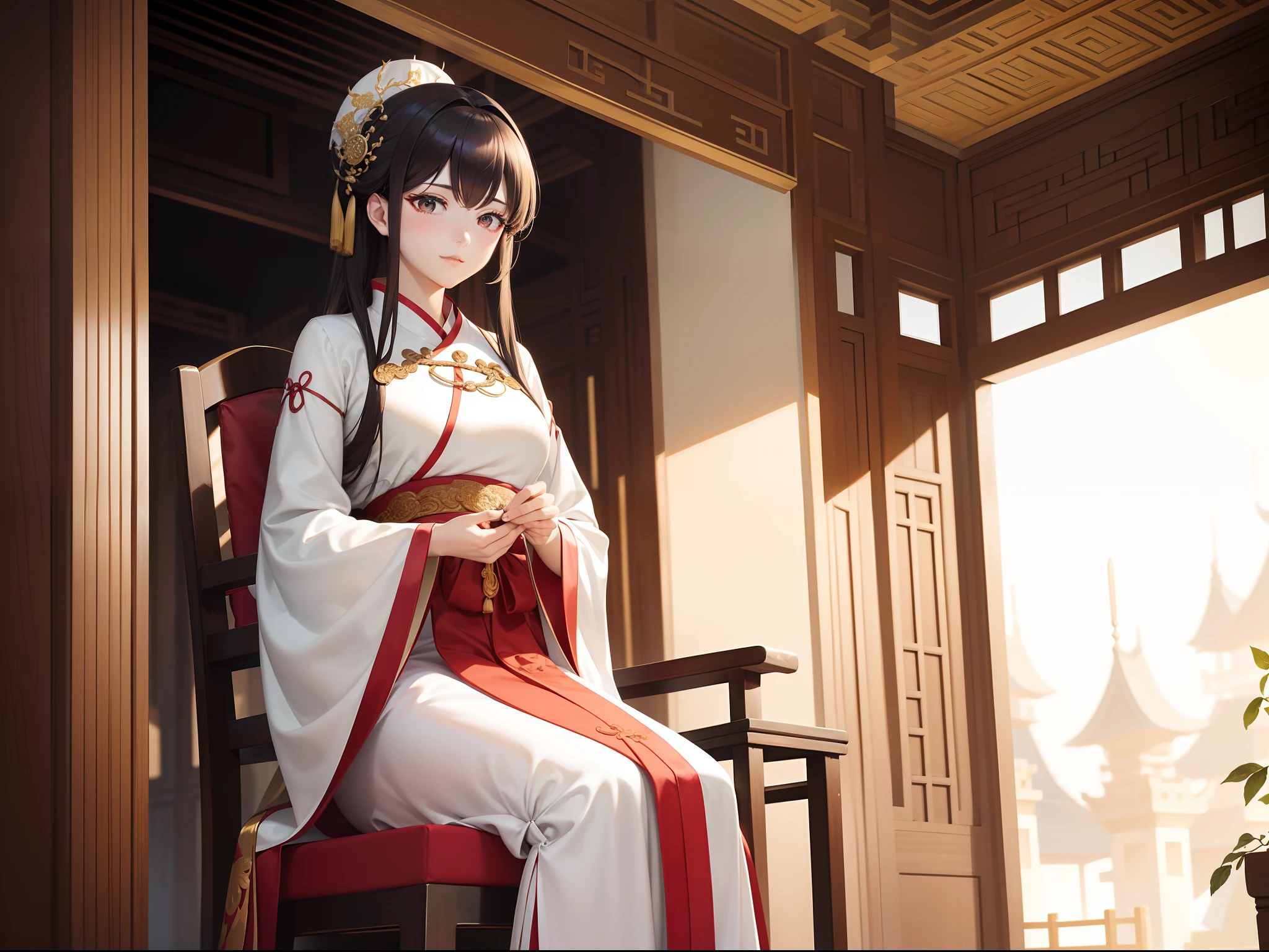 In a gorgeous palace,(1 forty-year-old female:1.1)Sit on a large carved chair,Wearing gorgeous Hanfu queen clothes,Gaze at the young man in Hanfu outside the hall(1 Hanfu:1.2)A scene coming from afar。Overhead wide-angle lens。