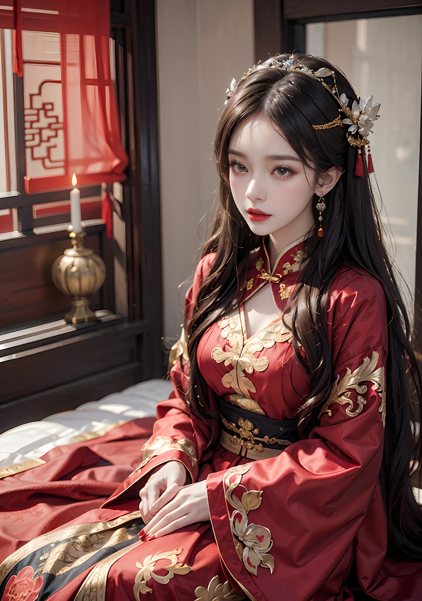 (Ultra-realistic 8k CG: 1.2), perfect artwork, delicate patterns, intricate details, (unparalleled masterpiece, best quality: 1.2), (extremely complex: 1.2), a woman in a red and gold dress, phoenix crown, hair stick, (sitting on a red bed), makeup, blush, shyness, black_hair, looking down, cosmetics, (forehead point), (2 red candles), Chinese_clothes, curtains, earrings, hair_ornament,hanfu, interior, jewelry, red nails, long_sleeves, red dress, red lips, tassels, (red quilt), (red palace: 1.2), (ancient Chinese architecture), (red: 1.8), night