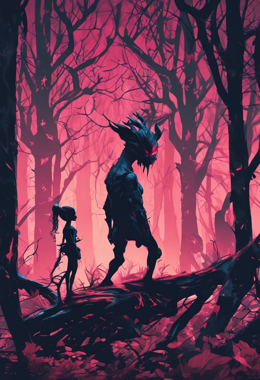 Abstract art of a shadow demon girl seducing an innocent young man in a forest ,Woman Monster,8K, Super detail, ccurate, Full body like,Best quality, Masterpiece, Super detail, High details, High quality, Best quality, A high resolution,realistic