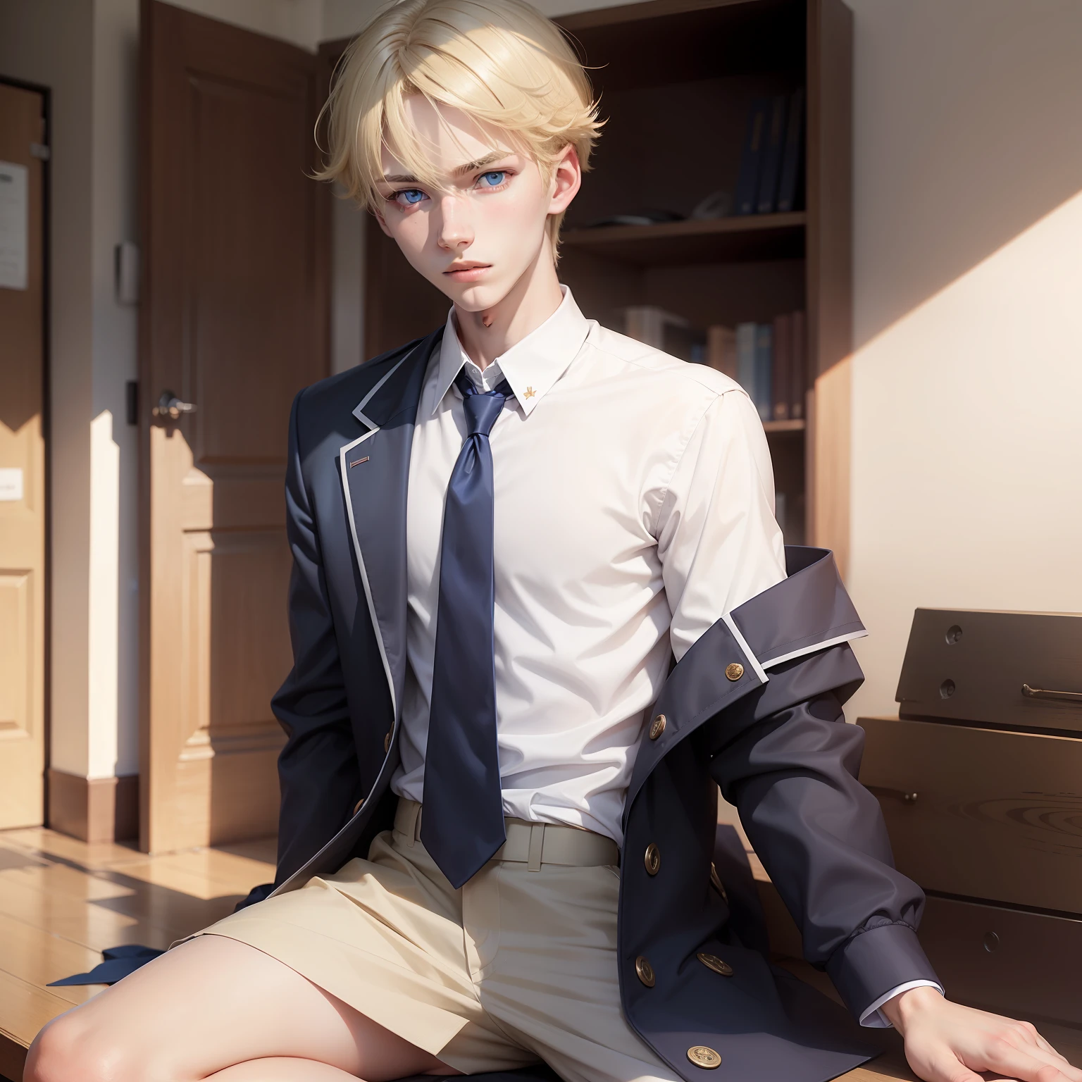 high school uniform, 1boy, 18 years old, blonde hair, blue eyes, pale skin, handsome