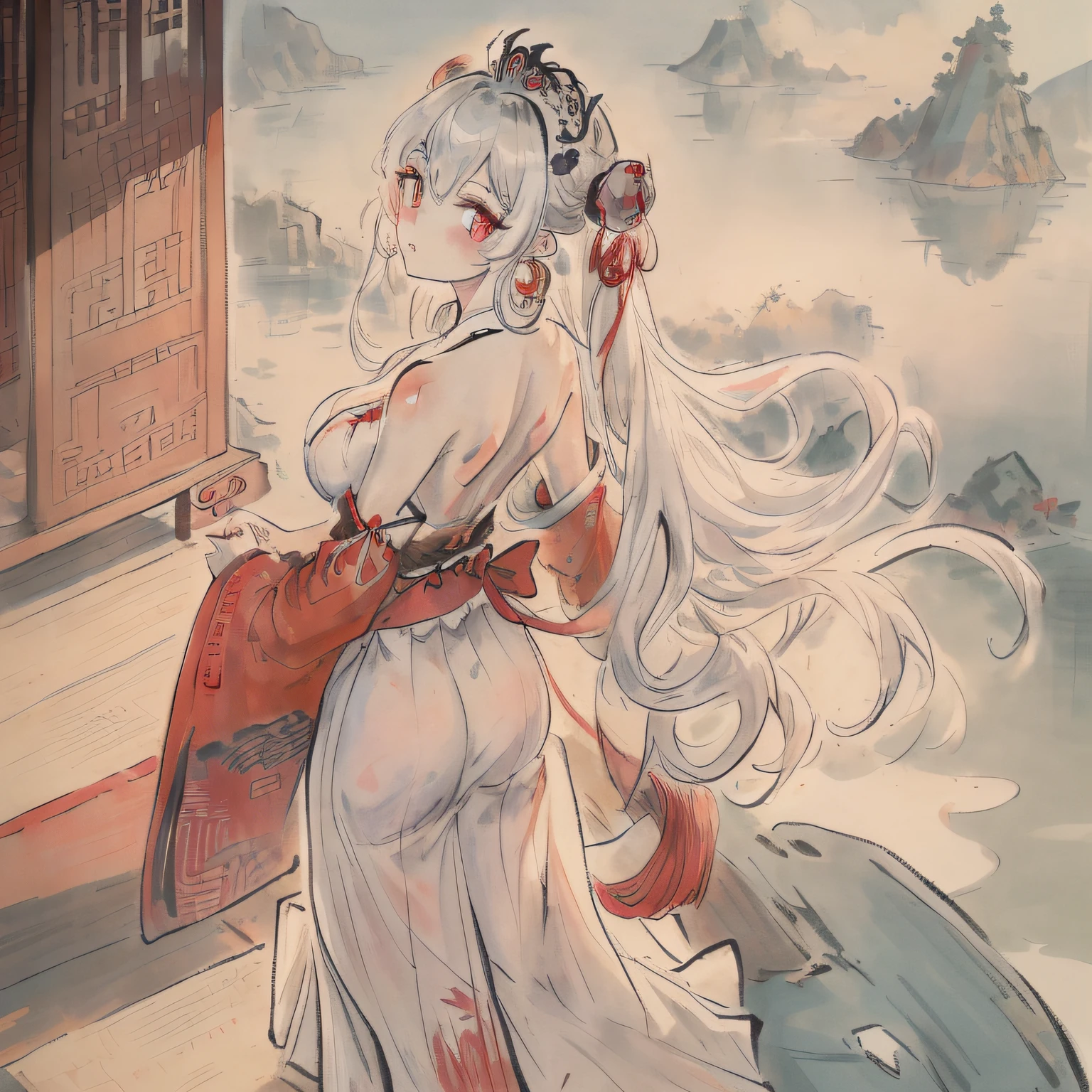 ((masterpiece)), ((best quality)), ((official art)), (extremely detailed CG unity 8k wallpaper), ((highly detailed)), ((illustration)), traditional chinese painting,((Chinese wind)),((a girl)), (single), staring, fairy,hair_ornament, earrings, jewelry, (very long hair), (messy_hair), bare shoulders, ribbon,hairs between eyes, beautiful detailed sky,full body,close-up,arms behind back,Taoist robe, thighs, aloft, mist-shrouded,chinadre,overexposure,[wet clothes],medium breast,solo,[doll],Bare thigh,incredibly_absurdres,intense angle ,pleated dress,chinese style architecture,single hair bun,white_hair,red_eyes,sideways glance,cold attitude,eyeshadow,eyeliner,eyes visible through hair,no shoes,ribbon-trimmed sleeves,earrings,necklace,tiara,medium_breasts,sunlight,reflection light,ray tracing,loli,Phoenix crown and rosy robe,blush