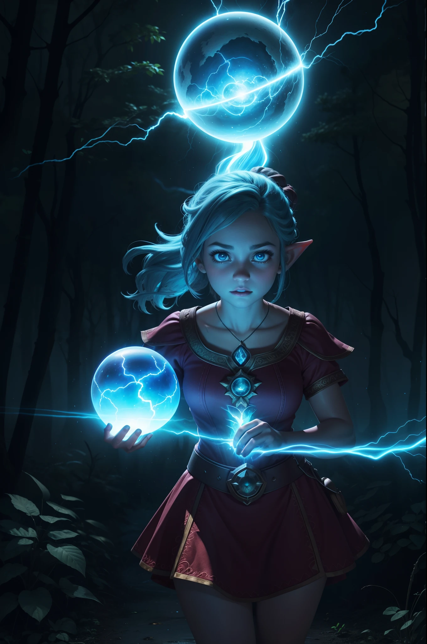 fantasia, Gnome feminino, Rapariga, Holding a powerful sphere of electric blue energy, olhos claros, crackling with intense electricity, High voltage discharge, ultra-realistic 3D rendering, detalhes intrincados, symmetrical composition, radiant neon lights, ethereal beauty, surrounded by dynamic lightning, atmosfera tempestuosa intensa, Front view, Enchanted Forest Scenery, magical aura, 4k resolution, HDR post-processing, cinematic focal length, paleta de cores vibrantes.