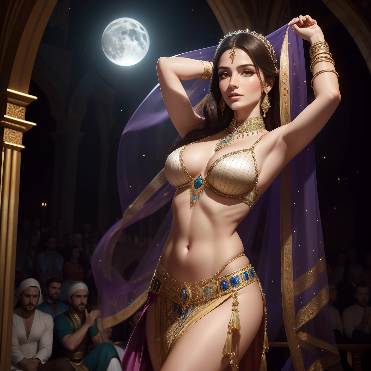 Ultra-detailed, 8k resolution, hyper-realistic rendering, entire body visible, breathtakingly beautiful caucasian belly dancer in traditional clothing filled with intricate details of rhinestones, captivatingly dancing inside a majestic castle. Lot of movement, moonlight shining in, not looking directly at camera, handsome man in the audience