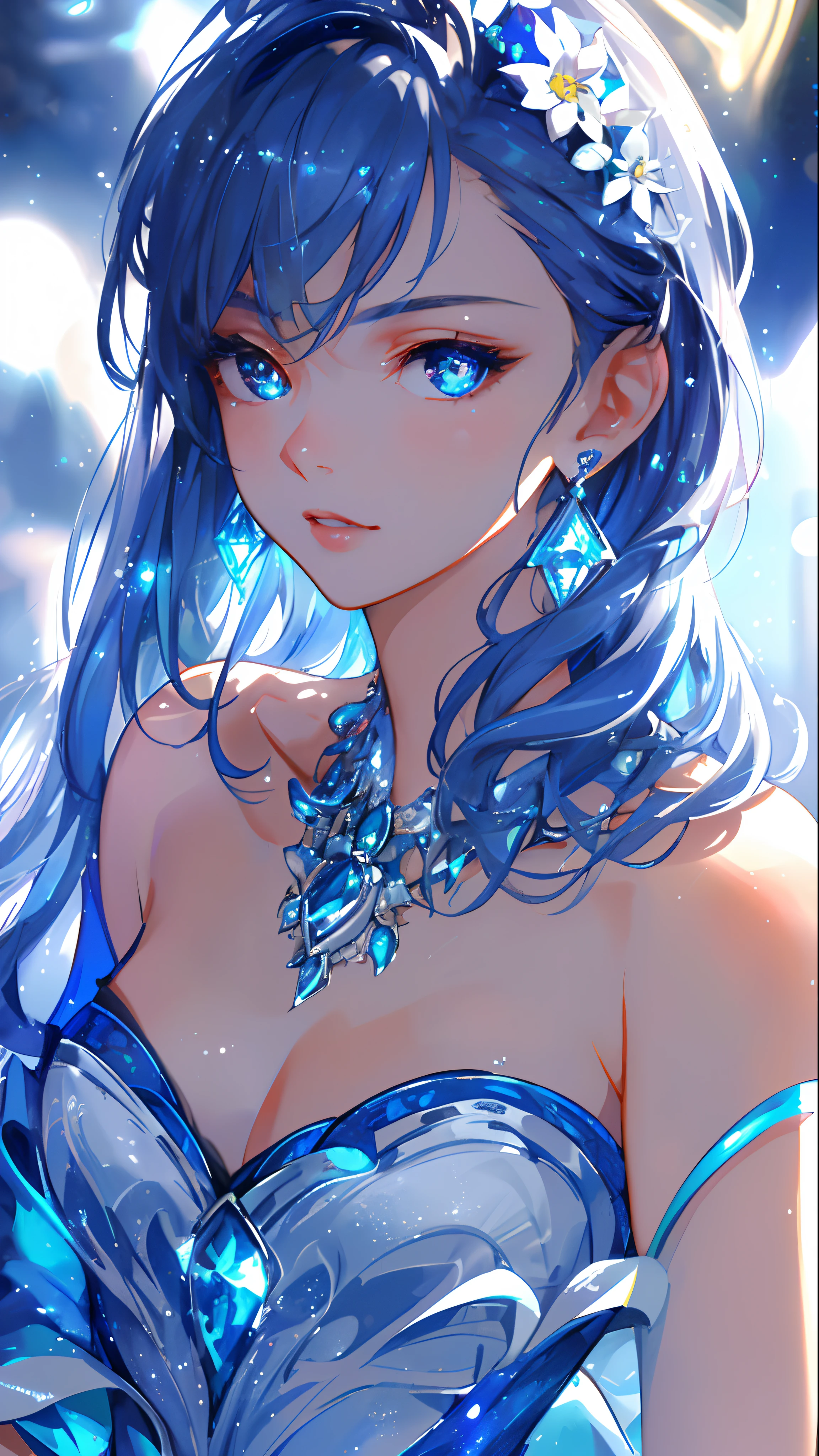 masterpiece, best quality, illustration, sax blue, platinum earrings, platinum necklace, white dress, 1girl, cute, (dynamic lighting:1.2), cinematic lighting, delicate facial features, detailed eyes, sharp pupils, realistic pupils, depth of field, bokeh, sharp focus, (hyper-detailed, bloom, glow:1.4), many small gems