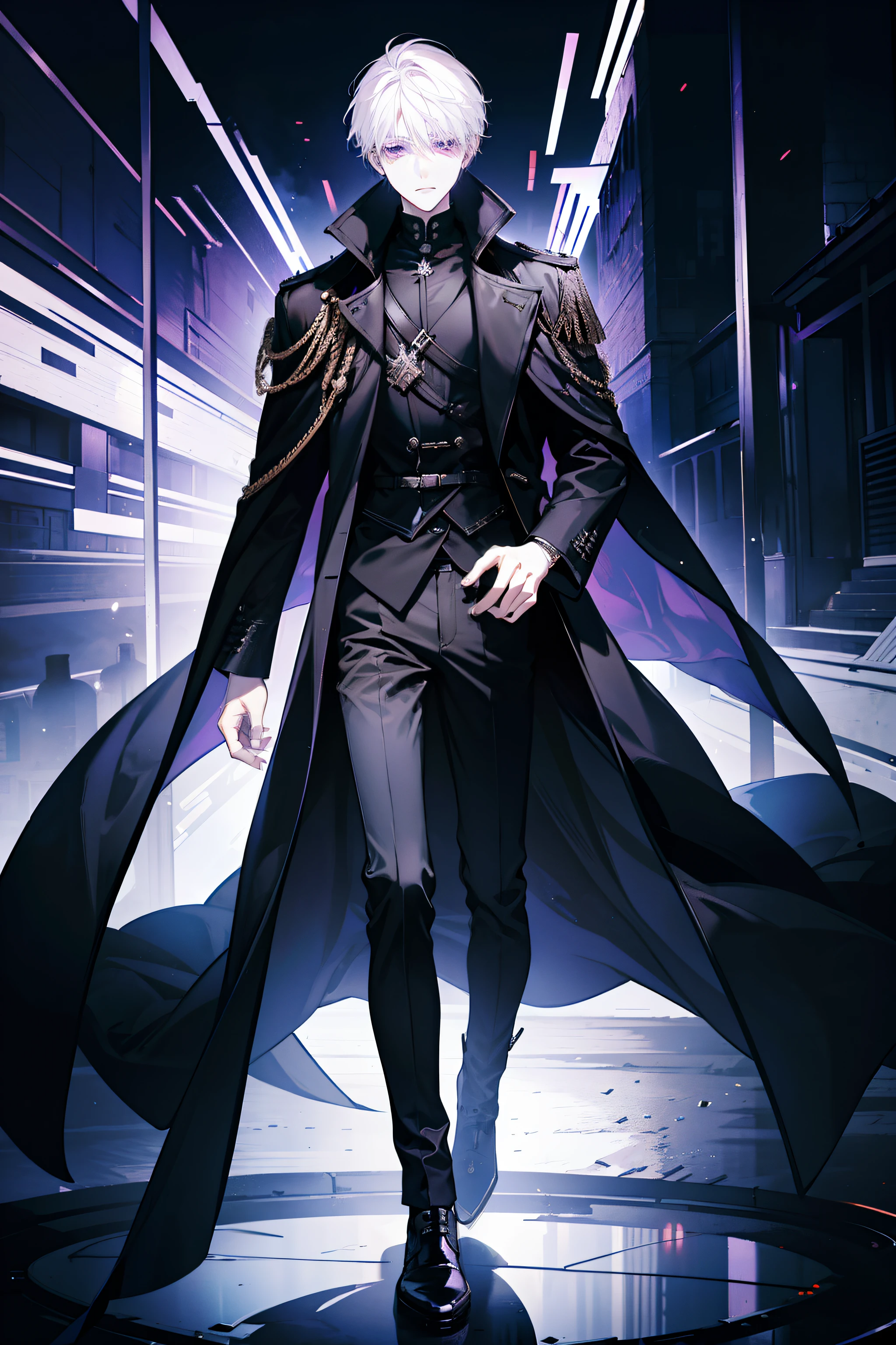 1male people,Adult,long black trenchcoat,(White color hair:1.1),short detailed hair,Full body like,face expressionless,Purple eye,Put your hands in your pockets,magestic,palaces