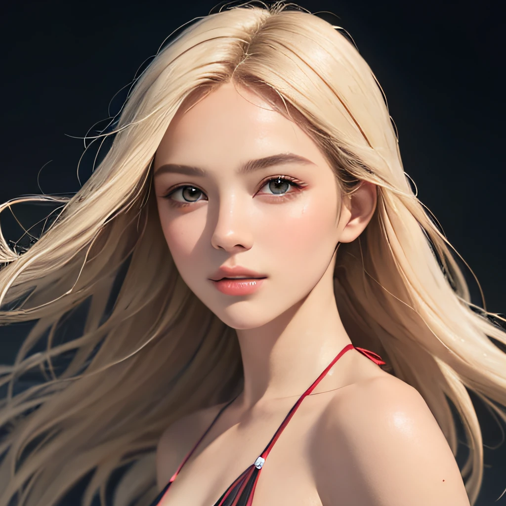 (8K, RAW Photos, of the highest quality, Masterpieces: 1.2), (Realistic, Photorealistic: 1.37), Highest Quality, Ultra High Resolution, light  leaks, Dynamic lighting, Slim and smooth skin, (Full body:1.3), (Soft Saturation: 1.6), (Fair skin: 1.2), (Glossy skin: 1.1), Oiled skin, 22 years old, Night, shiny white blonde, Well-formed, Hair fluttering in the wind, Close-up shot of face only, Physically Based Rendering, From multiple angles, The bikini