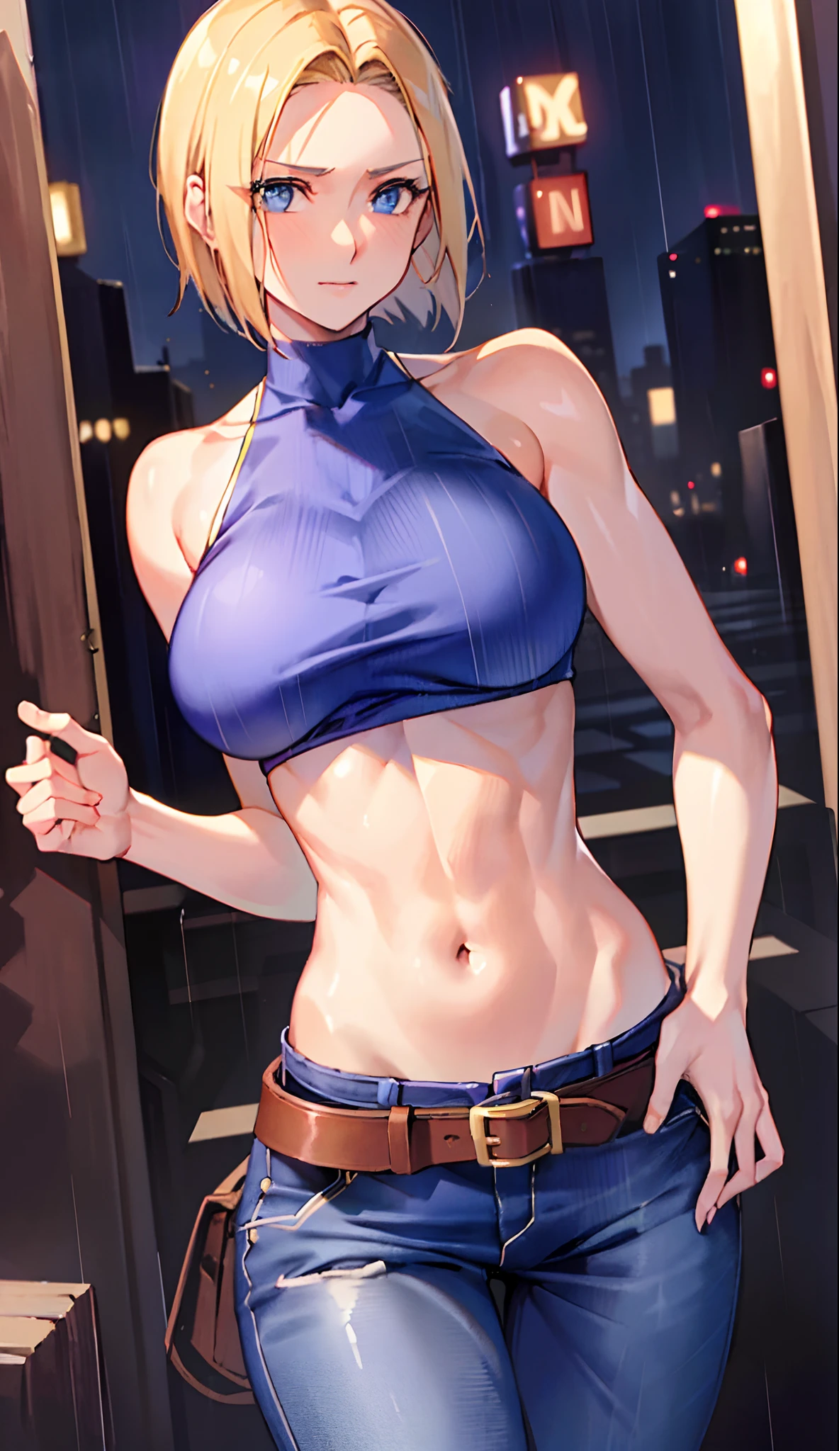 maryms, Best Quality,(beauty), 1girl,phisically-based render ,ultra highres,(cowboy shot:1.5),narrow waist, skinny, LeonaMS ,huge boobs,muscular, big blue eyes,long legs,jeans,leather belt,small breasts,puffy eyes, leather belt,(rainy city), shiny skin, facing viewer, Victory posture,