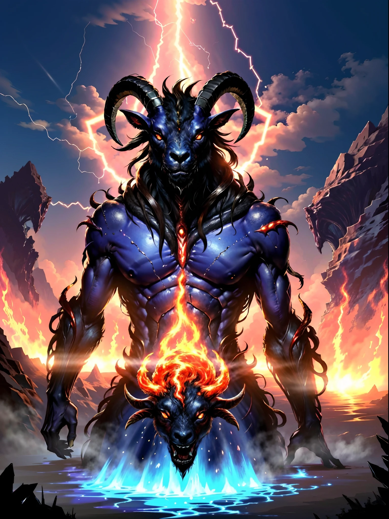 (highest quality,4K,8k,High resolution,masterpiece:1.2),Very detailed,(Realistic,photoRealistic,photo-Realistic:1.37),A giant demon with three faces from ther dimension summoned from a magic circle., Space horror, A deformed head with tentacles and twisted horns, A huge number of giant tusks, Long, sharp claws, Long tail, A terrifying figure enveloped in blue flames, Overwhelming violence that plunges the world into chaos, Free your imagination, Breaking the Limits, Creating a new world (amazingly powerful and Realistic composition by Greg Rutkowski:1.2) (One of them is the face of the most beautiful girl in the universe:1.5), (Browsing Caution:1.5), (The head has organs that resemble female external genitalia.。:1.5)