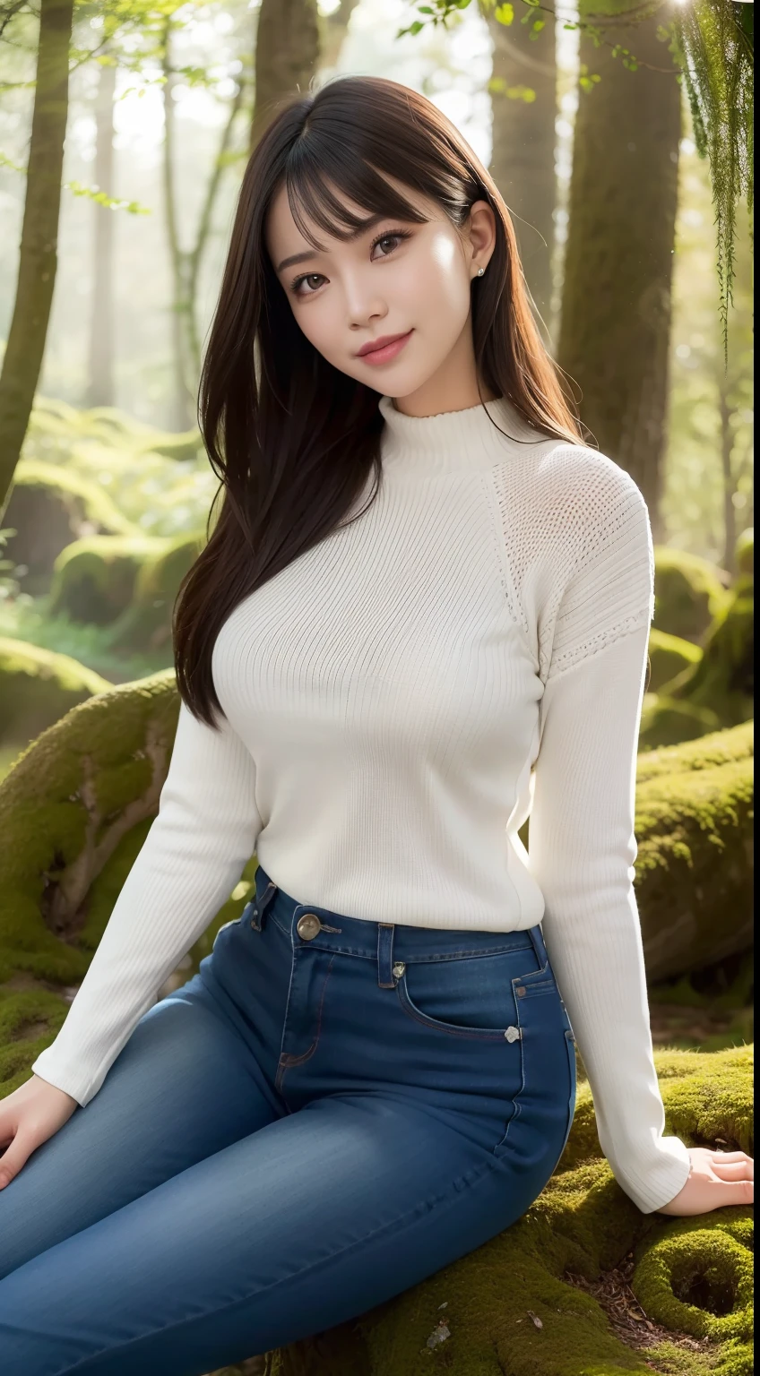 a pregirl，ssmile，laughingly，looking at viewert，Tight sweater，skintight jeans，photore, realisticlying, Best quality at best， 详细的脸，Detailed eyes，Sitting sideways on a large mossy rock in the woods， Big trees everywhere，diffuselighting, depth of fields