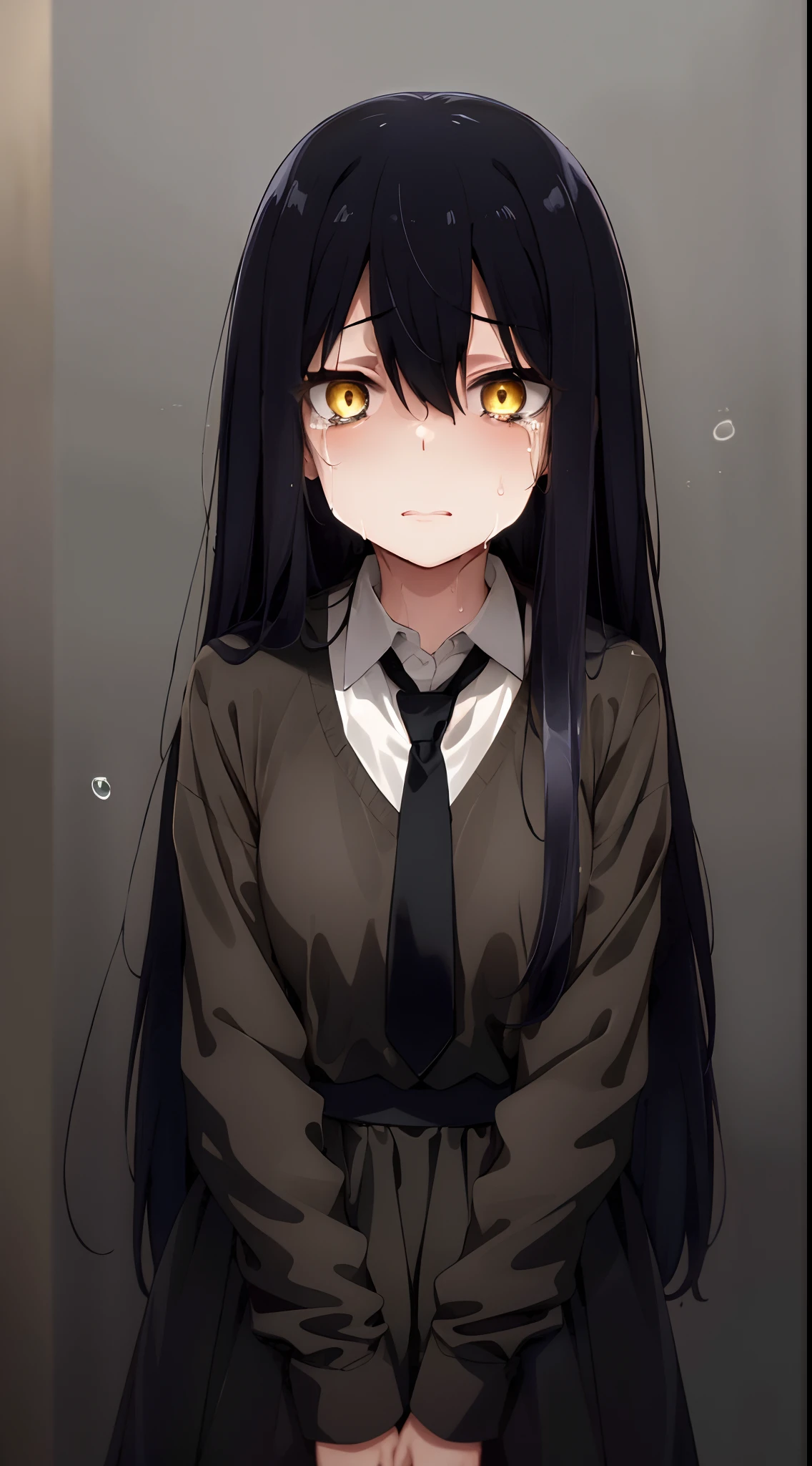 (mieruko:1.3), 1girl, scared, tears, sweat drips, yellow detailed eyes, long black hair, big eyes, (open mouth:0.1), detailed pupils, hdr shadows, (elegant clothes, sleeveless), ((kneeling)).