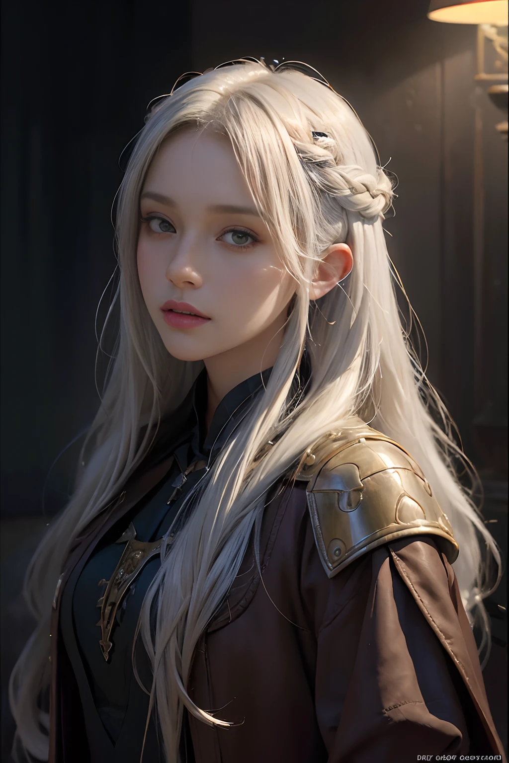 Hyperrealist portrait of female by david hockney and alphonse mucha,fantasy art, photo realistic, dynamic lighting, artstation, poster, volumetric lighting, very detailed faces, 4 k, award winning,, 1girl, in the dark, deep shadow, low key,cowboy shot,(official clothing:1.4) ,long hair,white hair,