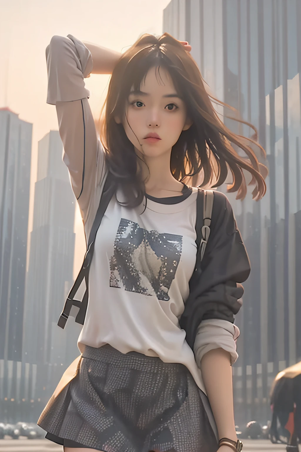 1girl, (looking at viewer),  (bokeh:1.1), parted lips,expressionless, realistic, arm up, tights,
skirt, skyline,realistic,