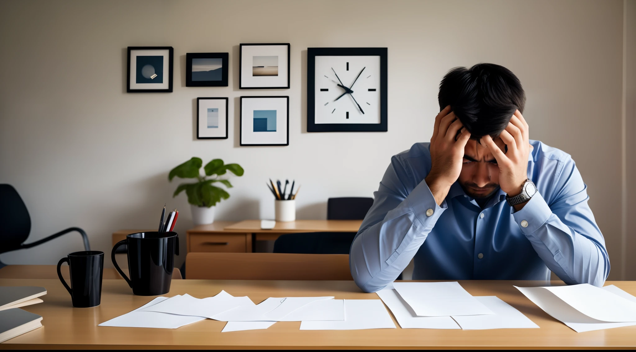 Draw a person sitting at a desk with a pile of papers in front of him, looking at the clock on the wall with a worried expression.