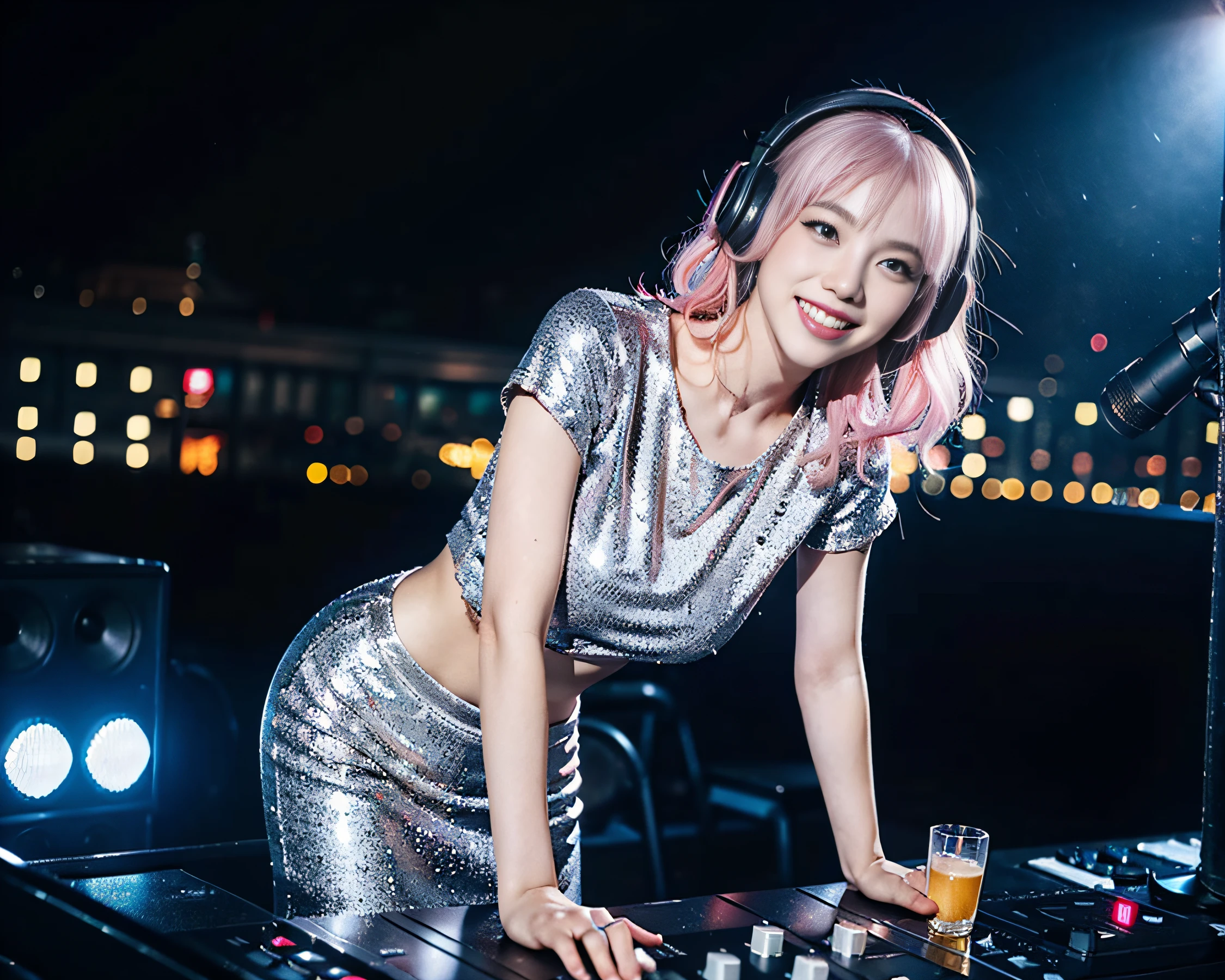 (ultra - detailed, 16K resolution, Cinema lenses,rendering by octane),A young chick woman,Has straight white and pink hair, Wearing silver DJ headphones, Shiny silver sequined T-shirt, (Iconic hip-hop pop costumes:1.3), Smile while DJing on stage.Stand in front of the DJ equipment and shoot full-body, The spotlight shines on the female DJ. Realistic style photography by Disco Lighting