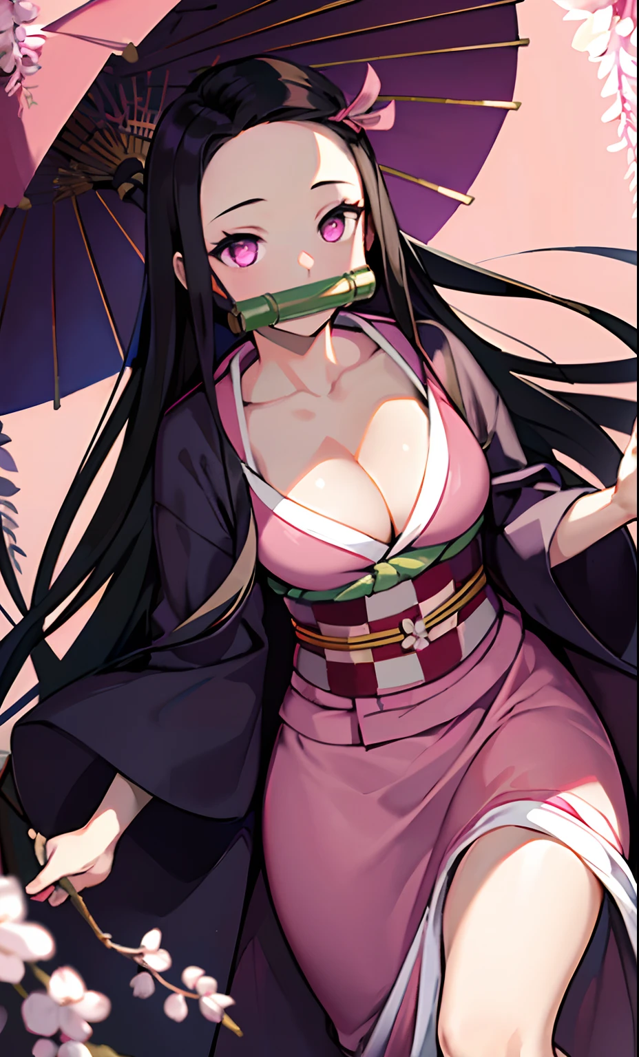 masterpiece, (pink kimono), seductive face, good lighting, décolleté, fine details, masterpiece, glowing eyes, 1girl, black hair, gag, bamboo, Nezuko Kamado, wisteria background, masterpiece, best quality, POV, whole body, wide hips,