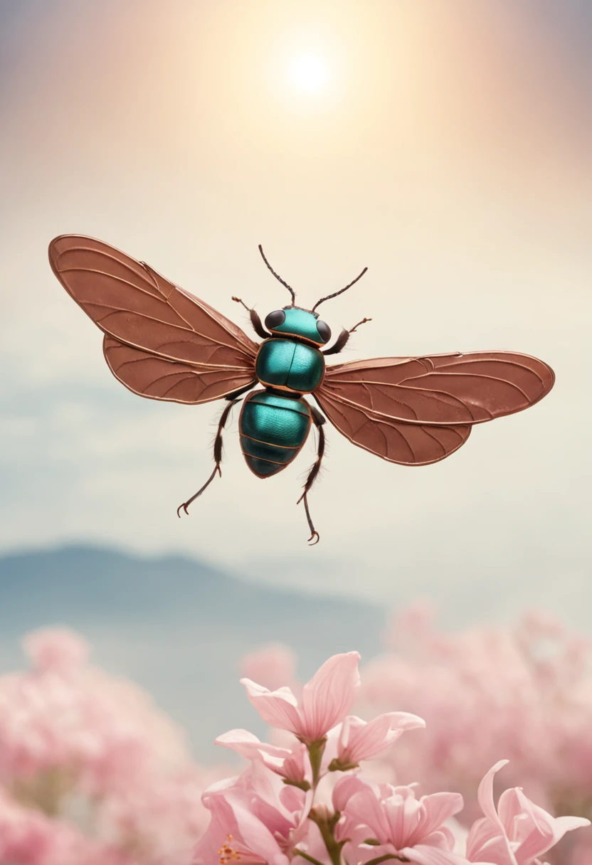 a cartoon flying bug on a flower, in the style of art nouveau-inspired illustrations, detailed skies, chinapunk, illustrative storytelling, solarizing master, quito school, visually poetic