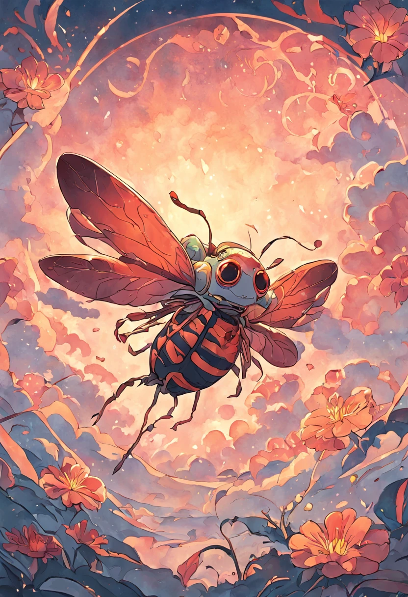 a cartoon flying bug on a flower, in the style of art nouveau-inspired illustrations, detailed skies, chinapunk, illustrative storytelling, solarizing master, quito school, visually poetic