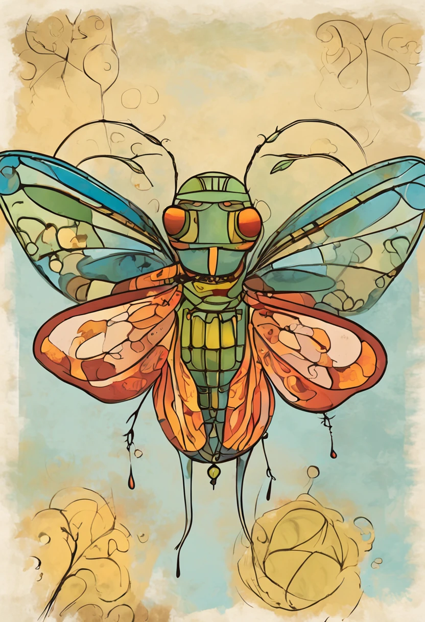 a cartoon flying bug on a flower, in the style of art nouveau-inspired illustrations, detailed skies, chinapunk, illustrative storytelling, solarizing master, quito school, visually poetic