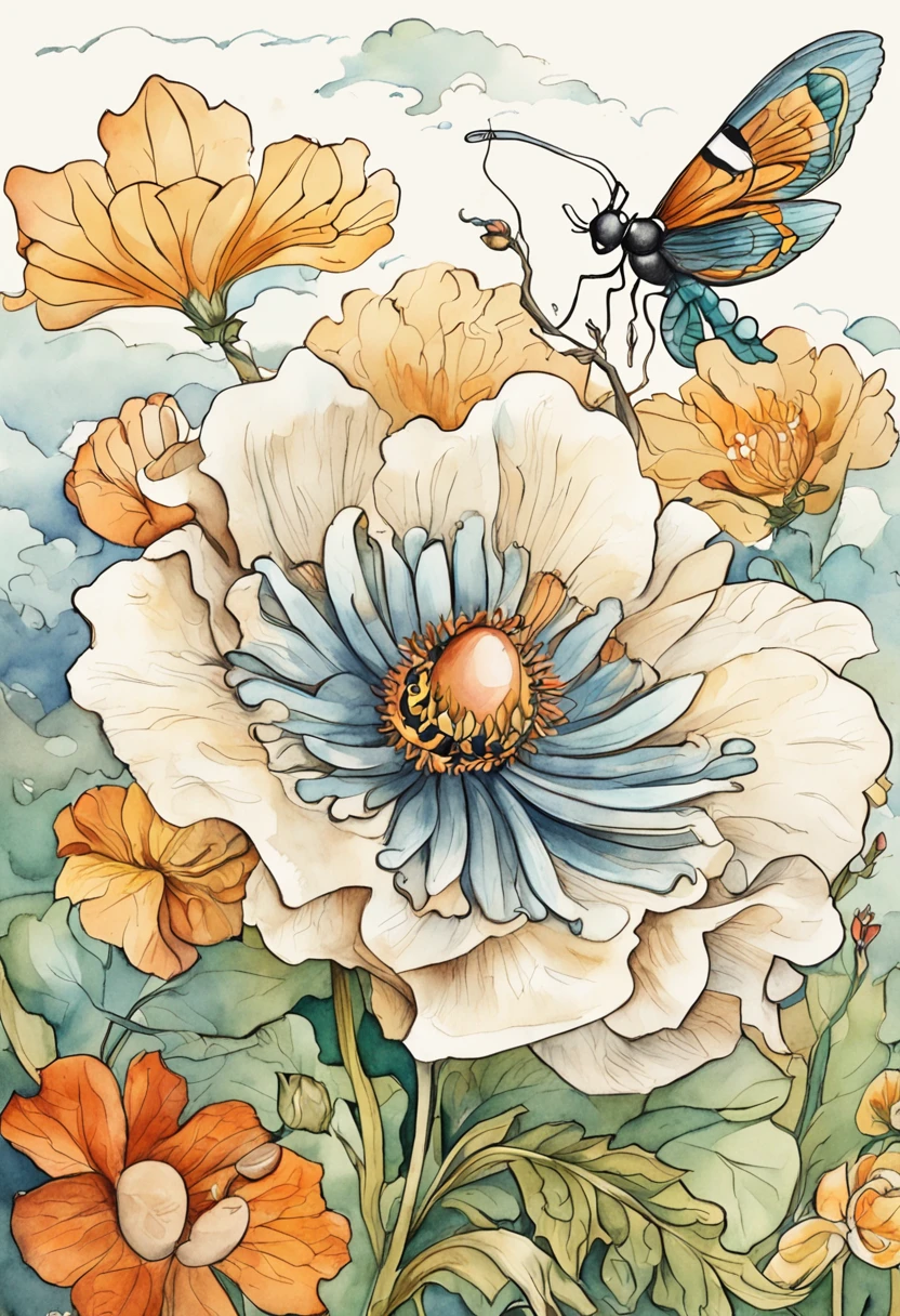 a cartoon flying bug on a flower, in the style of art nouveau-inspired illustrations, detailed skies, chinapunk, illustrative storytelling, solarizing master, quito school, visually poetic