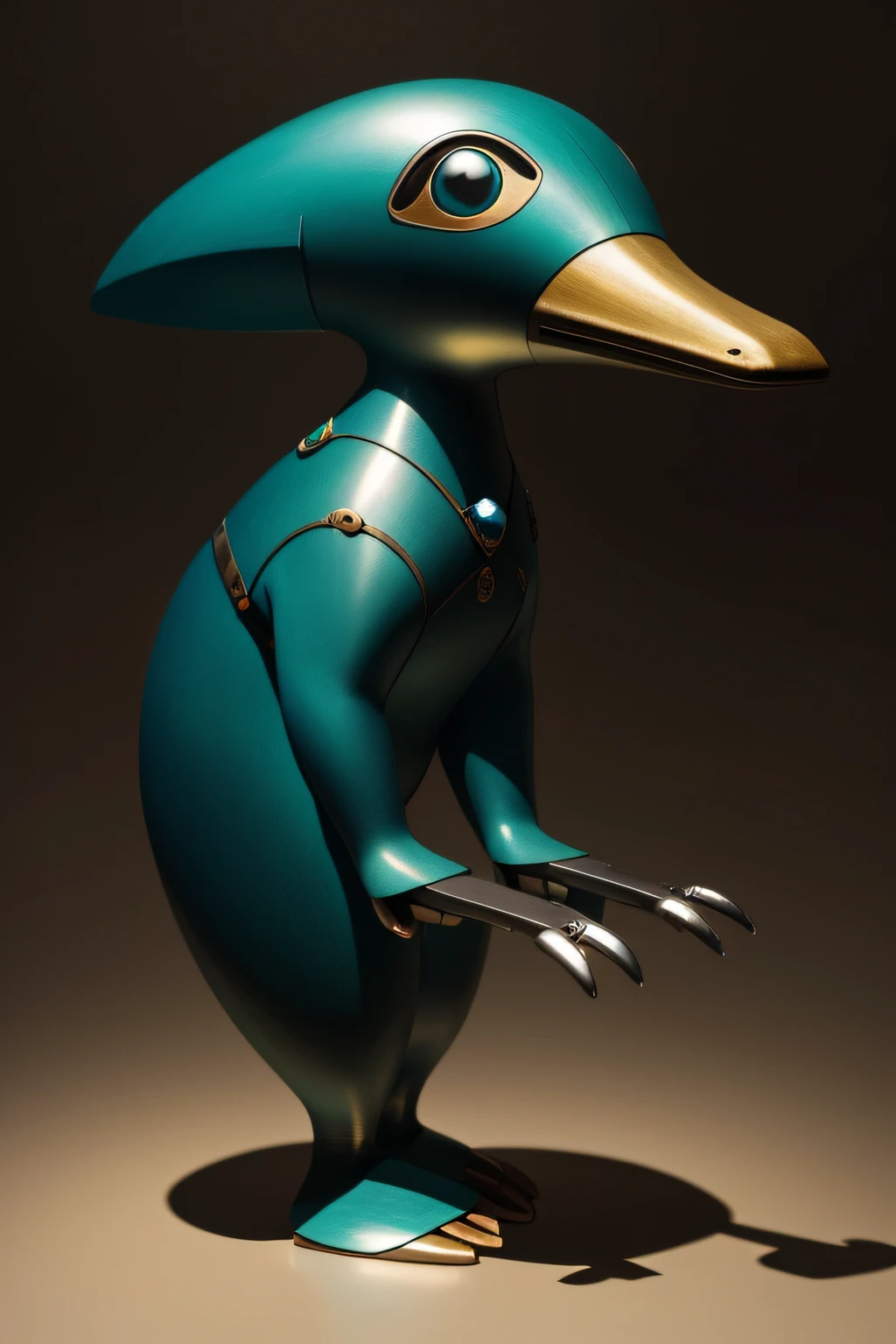 A platypus with metal modifications on its joints and fingers，Inspired by the surrealist paintings of Agnes Lawrence Pelton, Tumblr