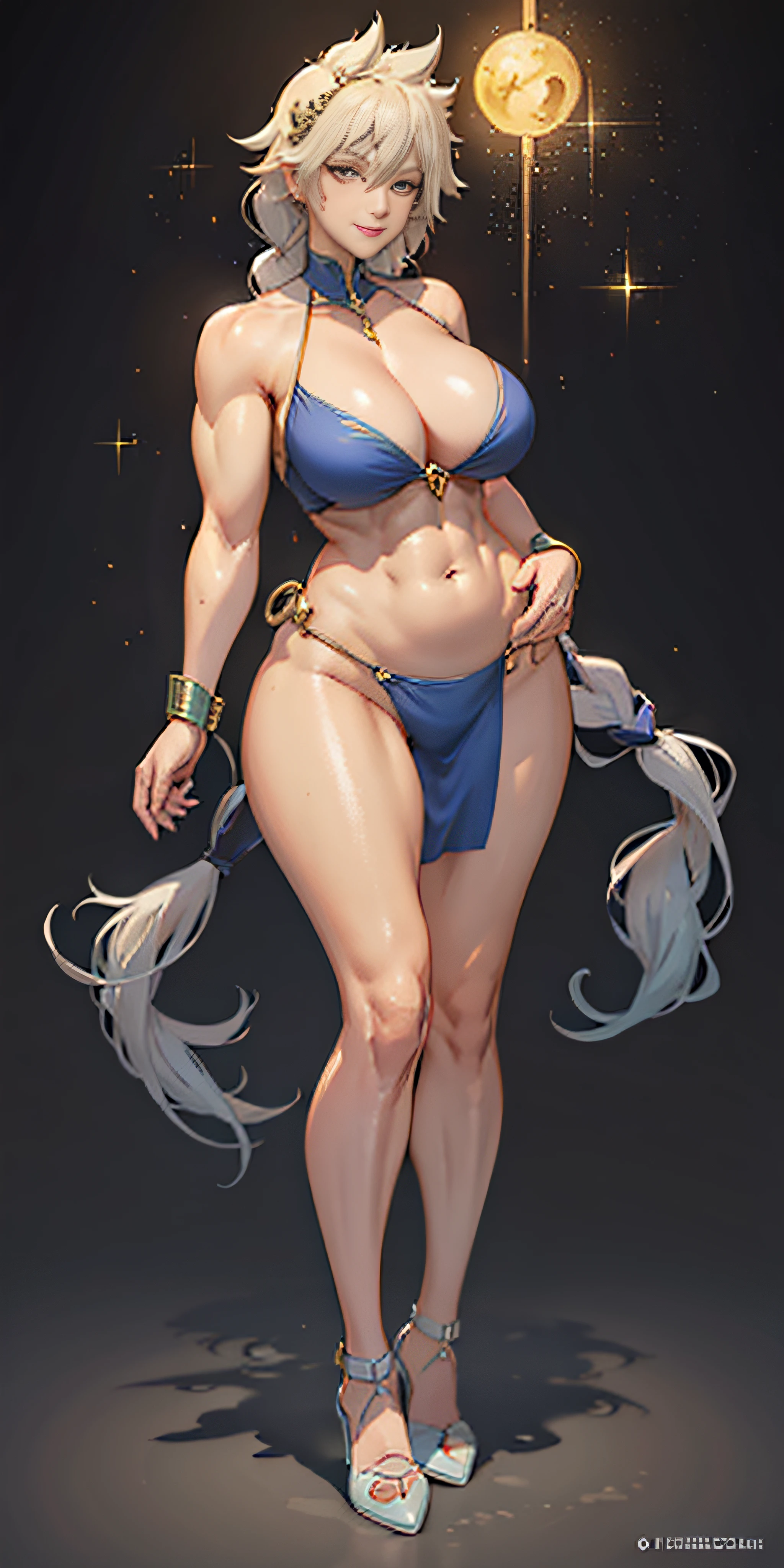 1girl full body standing, nice ass, Hairstyle with a braid, white colored hair, Yellow eyes, perfect lighting, muscular, thights, Mature woman, mummy, bellybutton, Abs, looks at the viewer (tmasterpiece, hiquality: 1.1) ssmile, Extremely huge breasts, Maternal, porcelain skin, extra very long hair, sparkly skin, good face, chest cover
