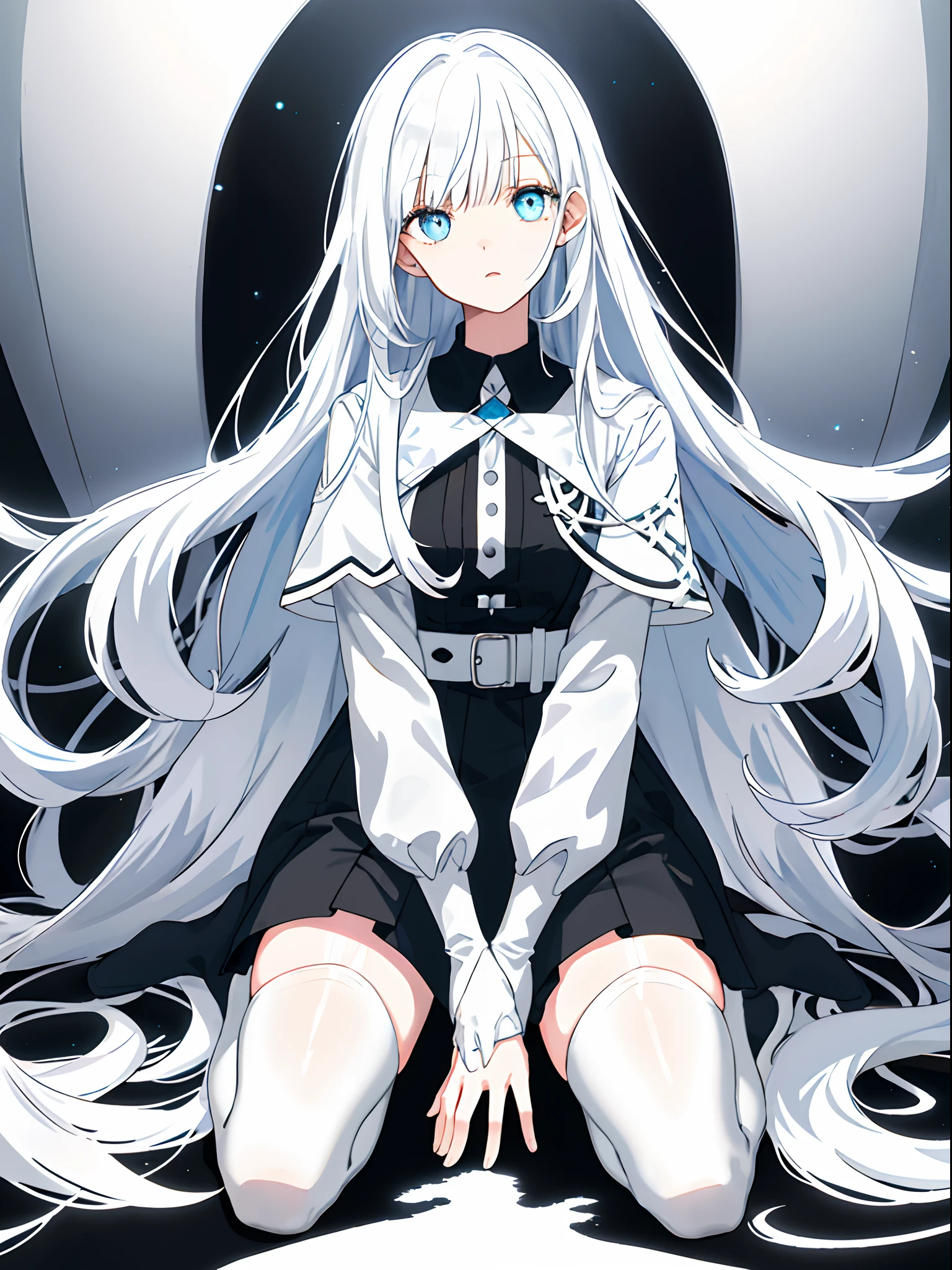 White and black stockings,long white hair,Blue pupil,Clear eyes,Over-the-knee stockings,a black trench coat,Blue shawl,White color blouse,Black middle boots,a beauty girl,Black midskirt,Natural expressions,Clear fingers,over knee socks,cuteexpression,Wide-brimmed boots,facepaint,By bangs,Look at the viewer,solo person,anime colors,the watercolor style,long whitr hair,Ultra-clear pictures,A high resolution,8K quality,Delicate portrayal of facial features,kneeling to sitting on the ground,