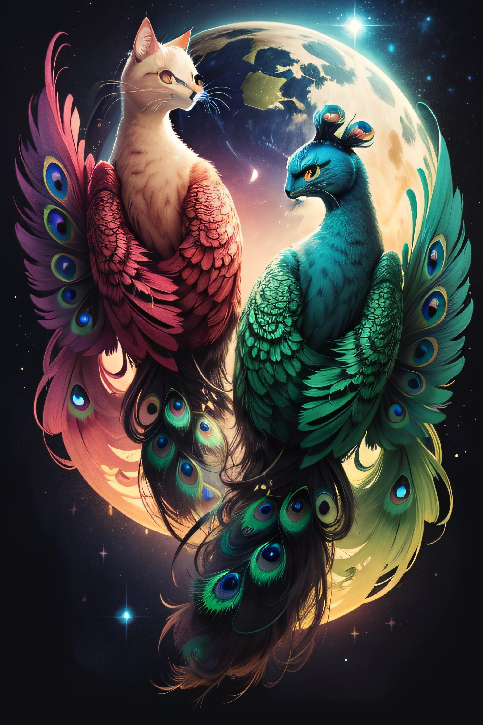 Cats with very artistic peacock wing, en un cielo estrellado relleno de planeta de diferentes colores