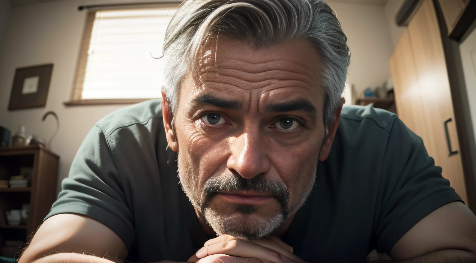 Na imagem, The middle-aged man is looking directly into the camera. Seus olhos transmitem um olhar profundo e penetrante, as if establishing a direct connection with the viewer. This intensity in the gaze reveals the passion and dedication he has to share his stories with the world. Despite being in front of the camera, He maintains a confident and serene posture, conveying a sense of security and charisma. His expression invites viewers to engage and fall in love with the stories he tells, Arousing your curiosity and fascination. Behind him, The modest and cozy room serves as a backdrop to reinforce his authenticity as a storyteller, highlighting his simplicity and the importance of his craft.