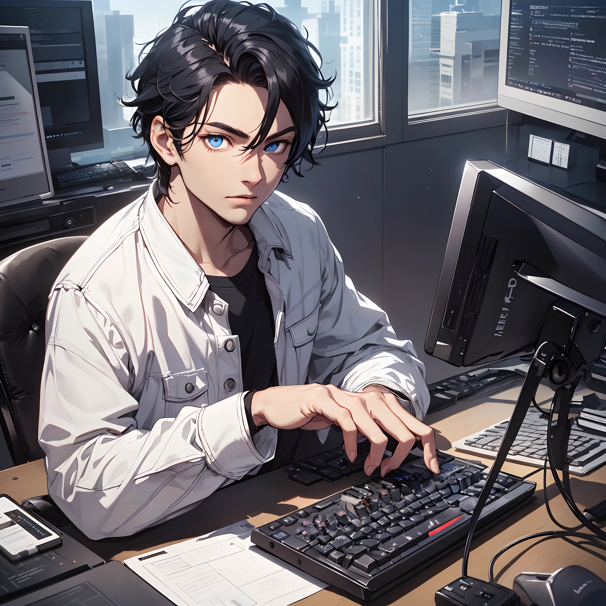(tmasterpiece, Far plan, amazing quality, A highly detailed, Young guy, black hair, blue eye, shadows under the eyes, Focused gaze, sitting at a table, keyboard, computer, Dark background, twilight), afternoon, typing on keyboard.