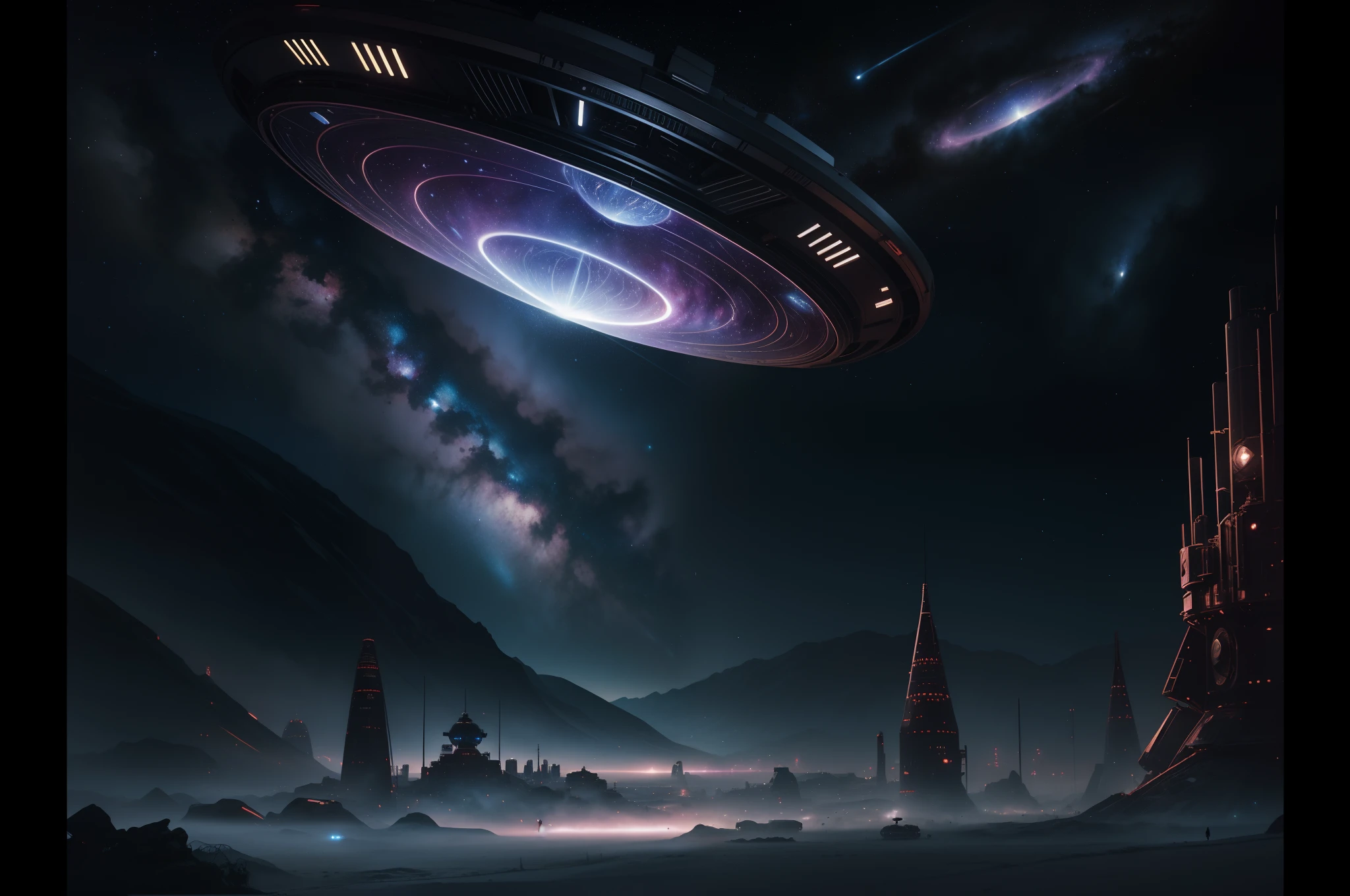 sf game, image of alien Invasion, science fiction, 1 large unidentified flying object, cattle mutation with illumination lighting, crop circle farm background with starlight in nebula sky in starlight, pencil art, gouache paint coloring, fantastic realism, professional art work, concept detailed art, multilayered, design a visually captivating image, detailed drawing, absurd resolution, ultra fine detailed, ultra quality, cinematic still, 16k, conceptual contrast, dark intricate surface detail, best quality, masterpiece, beautiful detailed, highly detailed texture,