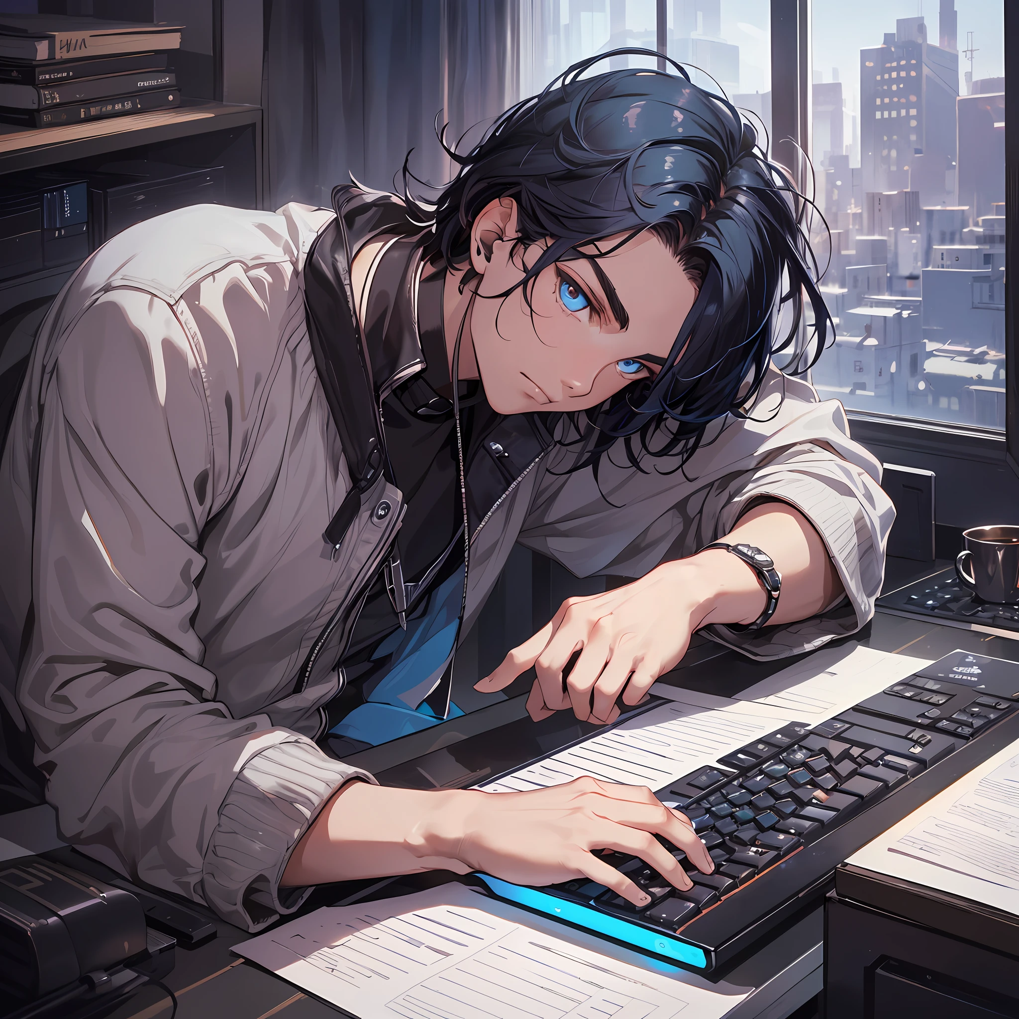 (tmasterpiece, Far plan, amazing quality, A highly detailed, Young guy, black  hair, blue eye, shadows under the eyes, Focused gaze, sitting at a table, keyboard, computer, Dark background, twilight), afternoon, typing on keyboard.
