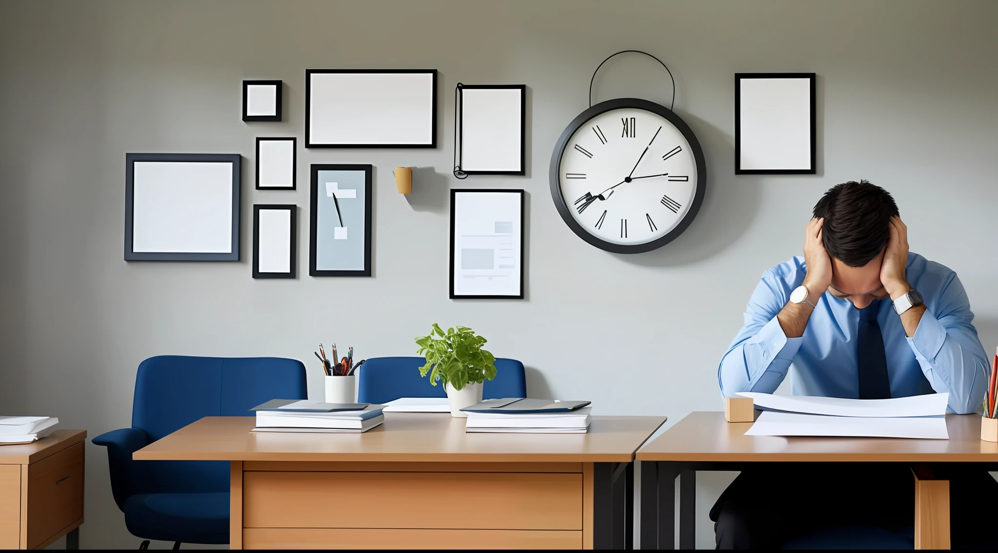Draw a person sitting at a desk with a pile of papers in front of him, looking at the clock on the wall with a worried expression.
