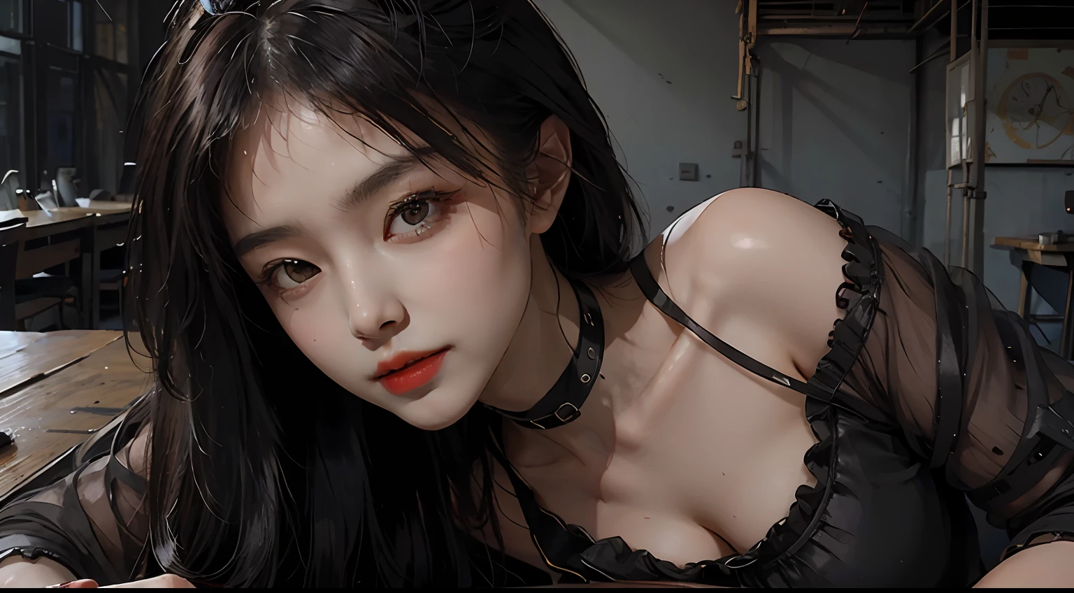 (hentail realism,Photorealsitic:1.4),(1 beauty:1.3),(beautiful countenance:1.5),Detailed shiny skin,A detailed eye,Precise hands and fingers,8k hdr, , tmasterpiece, (Dynamic angle footage),电影灯光, Finely drawn background,(steampunc,decadent,Sci-fi,mud ground, dust and dirt,Traces of war:1.2)Beautiful Asian flavor,hot pant,Glossy hair,choker necklace,beijing,Wagas,s asleep,firearm,Heavy machine