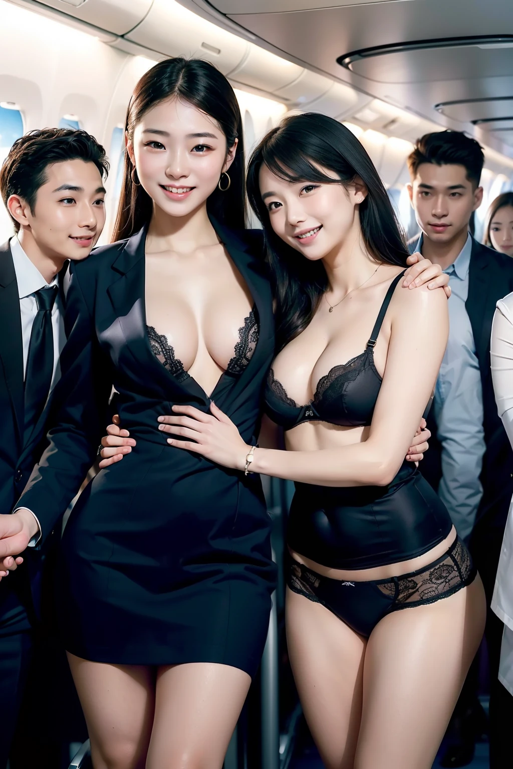 (in 8K、Raw photography、Highest Quality、realisitic、Photorealsitic、Professional Lighting、​masterpiece、extremely delicate and beautiful、Highly detailed、finely detail、ultra-detailliert、hight resolution、full-shot)、SFW、Detailed scenario of a very crowded cabin、(((On the plane)))、1girl in、1 Flight attendants、Beautiful female flight attendant(woman 1)ha、Wearing a flight attendant uniform、Beautiful face:1.5、Model body type、small tits、All passengers except one female are male..........:3、Young man in suit、(woman 1)Touching the body of、Young men(woman 1)hug from behind、Young men(woman 1)Touching the chest of、Young men(woman 1)Flip up the skirt of、NSFW What、Beautiful female flight attendant(woman 1)Laughing、(Black bra visible)、(Black panties are visible)、(((Woman 1 is smiling)))、