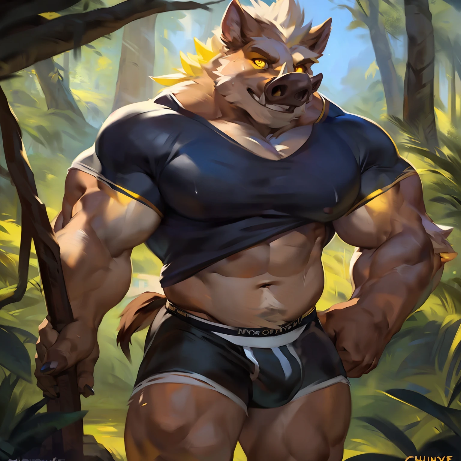 Solo, (((male))), standing, by honovy, by foxovh, by Pixelsketcher, (by chunie, by mystikfox61, by darkgem), detailed eyes, ((facing viewer)), (((muscular, massive, biceps, broad shoulders))), forest, (((glowing yellow eyes))), steam, heat, sweat, (((boar))), ripped clothes, underwear, shredded white long sleeved shirt