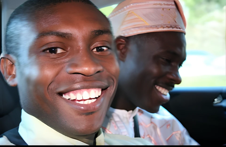 smiling man in a car with another man in a car, brown skin man with a giant grin, african facial features, smiling man, both smiling for the camera, african man, journalism photo, smiling male, two young men, bright smiles, wonderful details, joyful look, with a happy expression, looking happy, smiling, closeup, detailed smile, both laughing