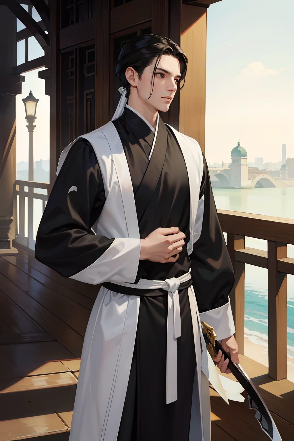 NSFW, obra-prima, melhor qualidade, ultra-detalhado, semi-realista, detailedfacialfeatures, 2 homens maduras, vestindo roupas antigas wuxia hanfu, cabelos negros,longos,olhos negros,bonito,cor da roupa branca e escura,manly,sedutor, forte,guerreiro, Standing arrogantly holding a majestic sword with the black blade near the sect's entrance staircases