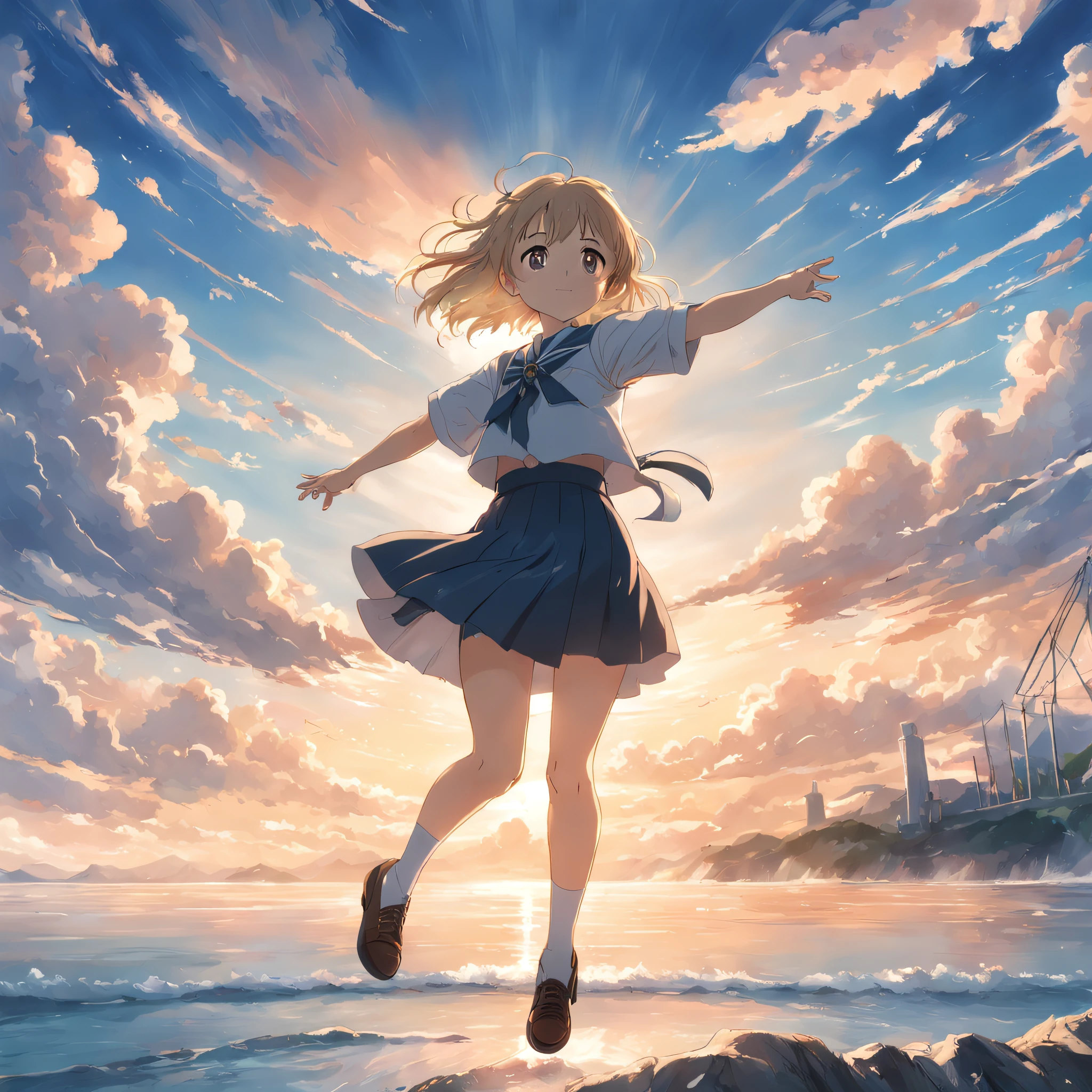 masterpiece、top-quality、Movie stills、1girl、Cloud Girl、floating in sky、a closeup、with light glowing、happiness、Warm soft lighting、the setting sun、(Spark:0.7) 8K anime-style wide shot Beautiful islands and seascapes seen from between clouds Very delicate image High-definition anime-style Girl with arms stretched out in parallel Girl in school uniform facing backwards Mysterious scenery like being in heaven Many white birds flying around Old A scene from a vast scale movie that crosses a suspension bridge that looks like a brown pulley
